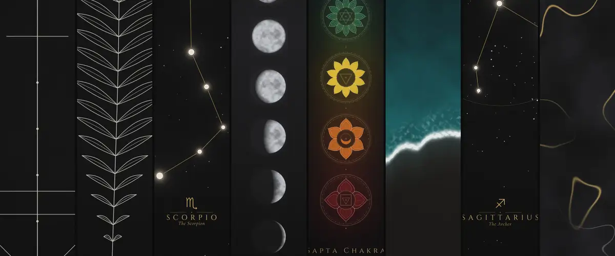 BLKMAT yoga mats side by side: Single-Line Fern, Full Chakra, Midnight Moon Phases and more