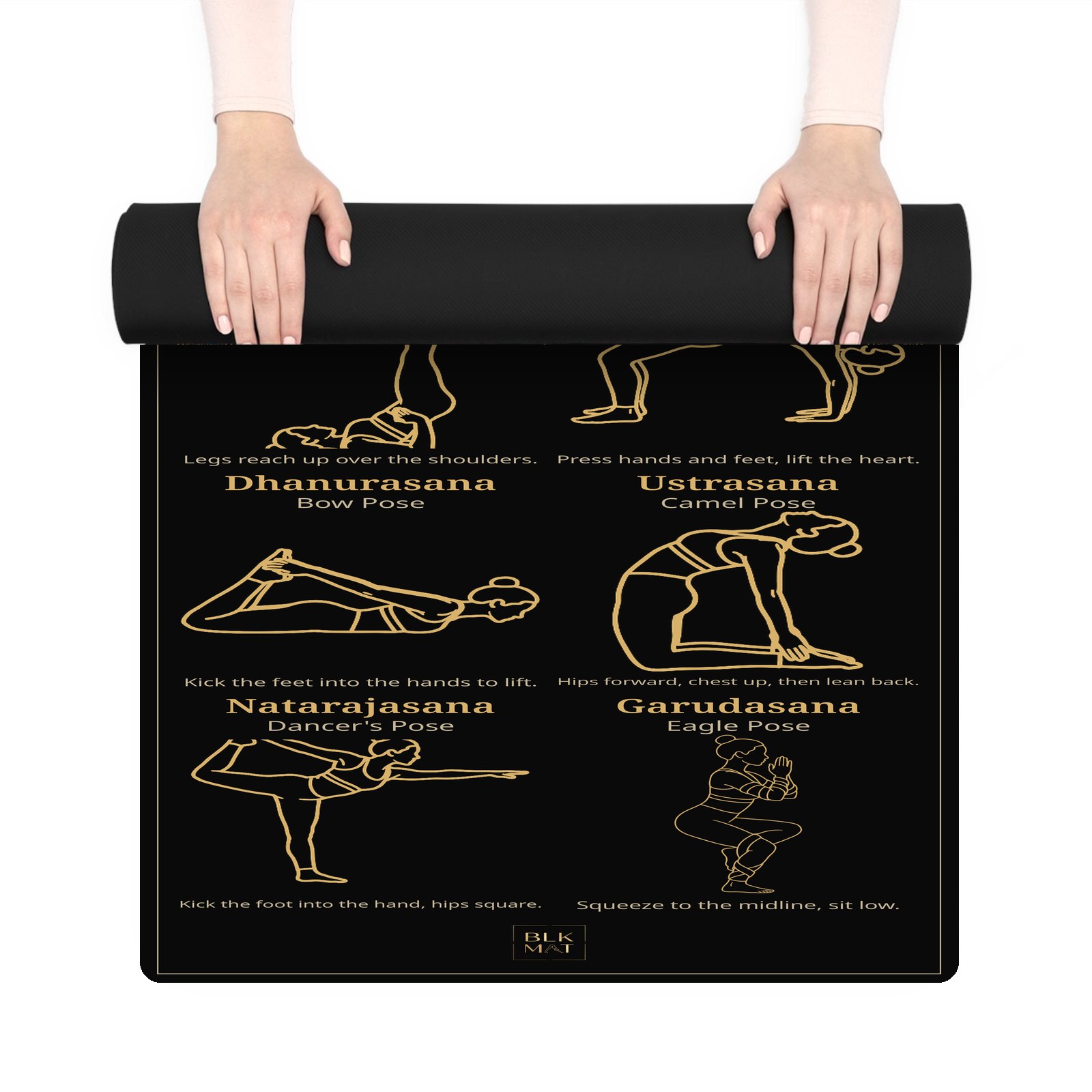 BLKMAT Advanced Asana Collection yoga mat, held up and partly rolled