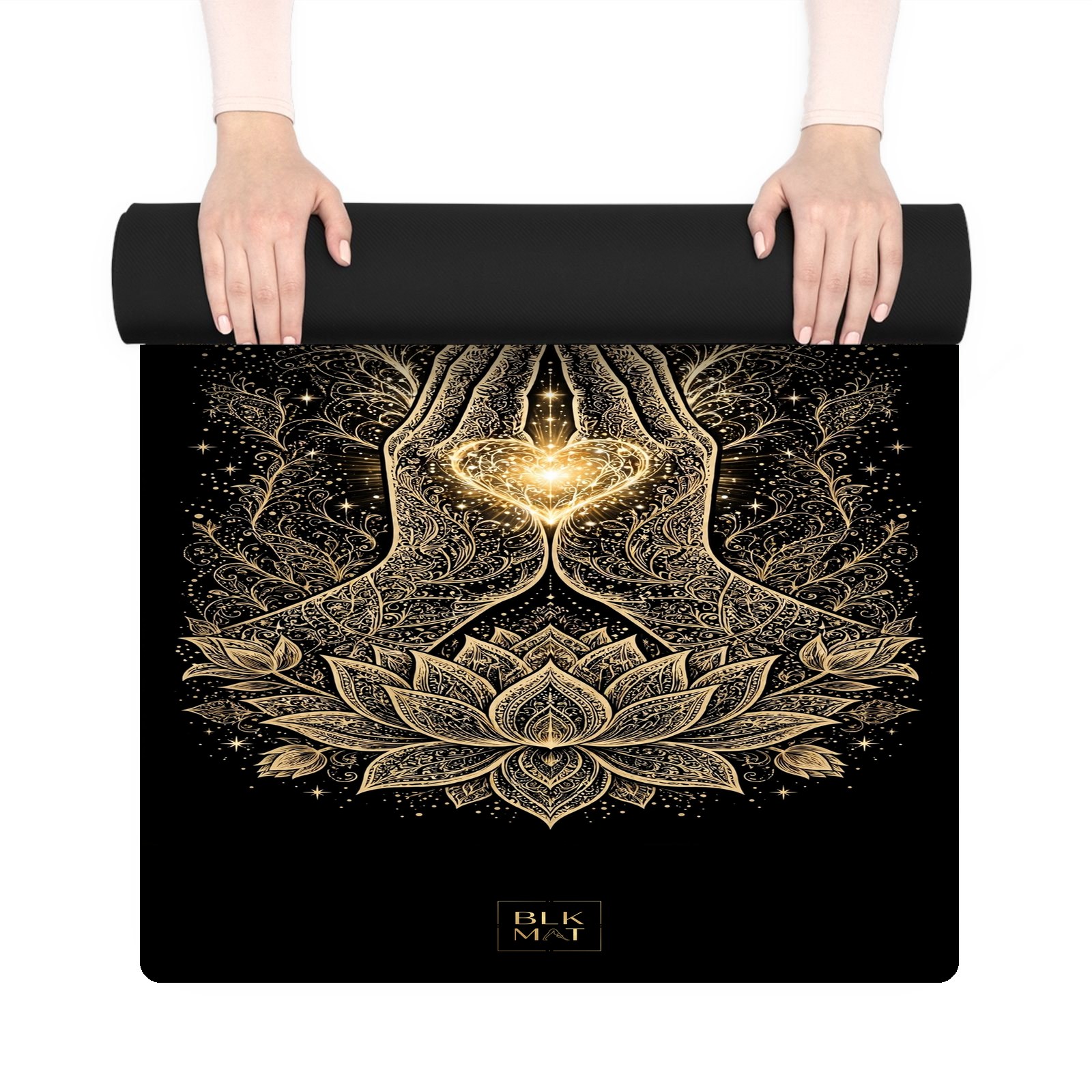 BLKMAT Anjali Mudra yoga mat, held up and partly rolled