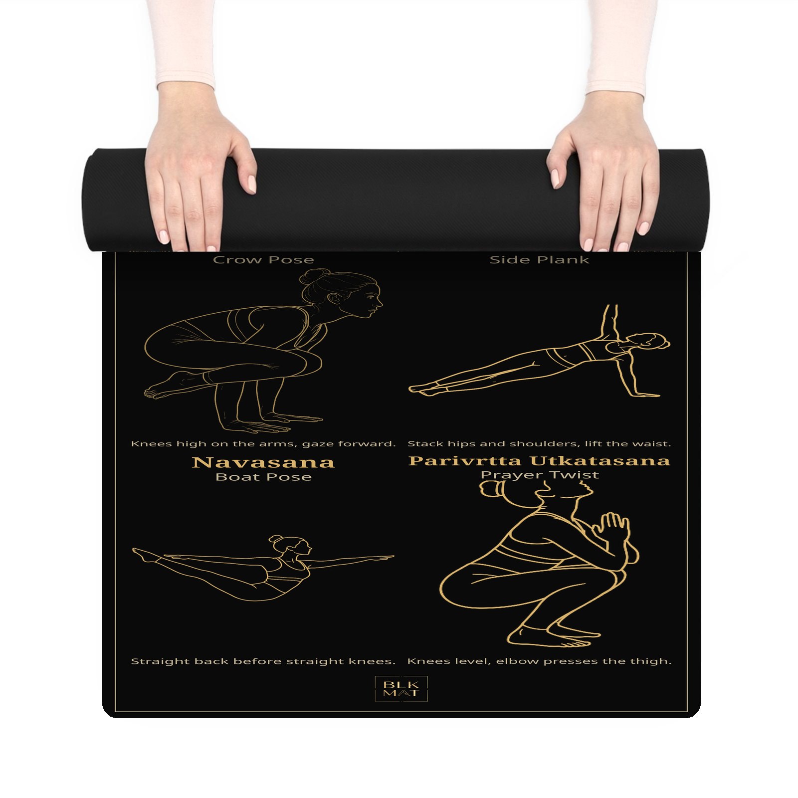 BLKMAT Arm Balance & Core Lab yoga mat, held up and partly rolled