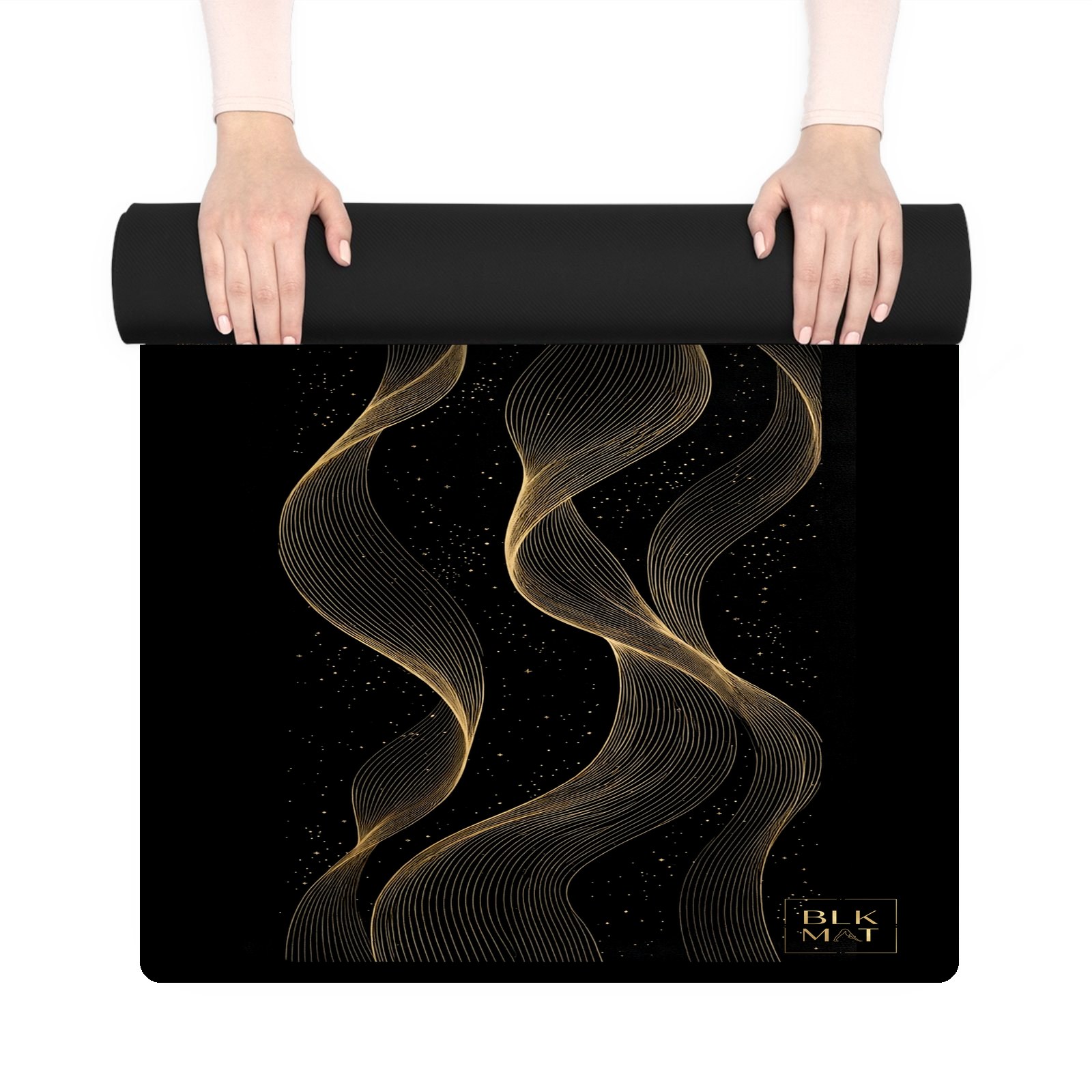 BLKMAT Aurora Ribbons yoga mat, held up and partly rolled
