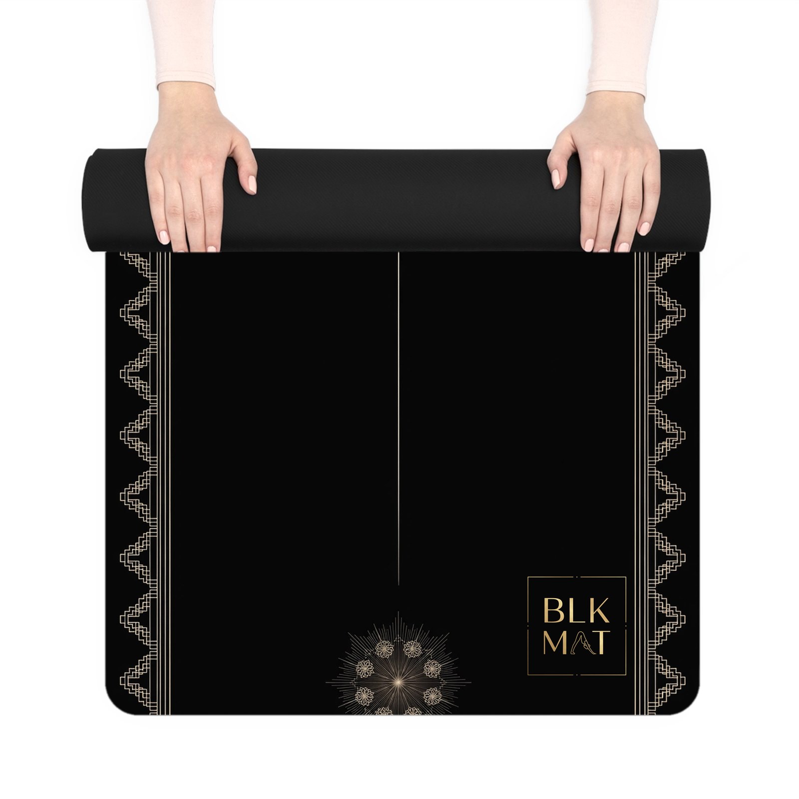 BLKMAT Bindu Grid yoga mat, held up and partly rolled