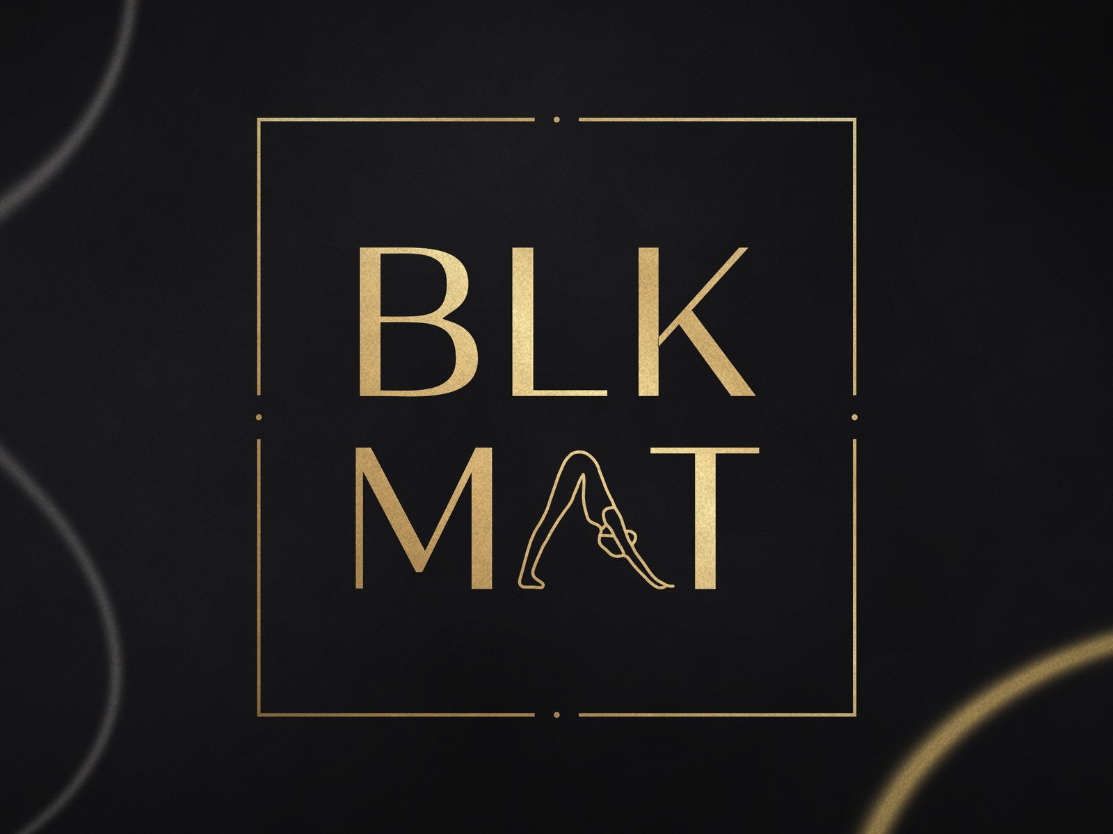 BLKMAT Black Marble, Gold Vein yoga mat, close-up of the BLKMAT corner logo
