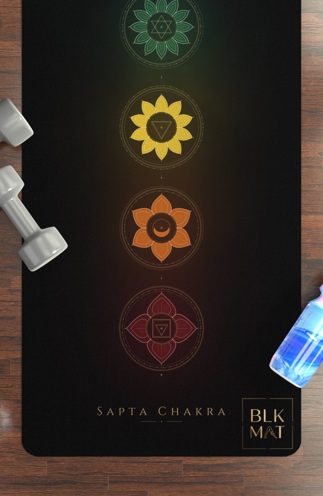 BLKMAT Full Chakra yoga mat, flat lay on a wood floor