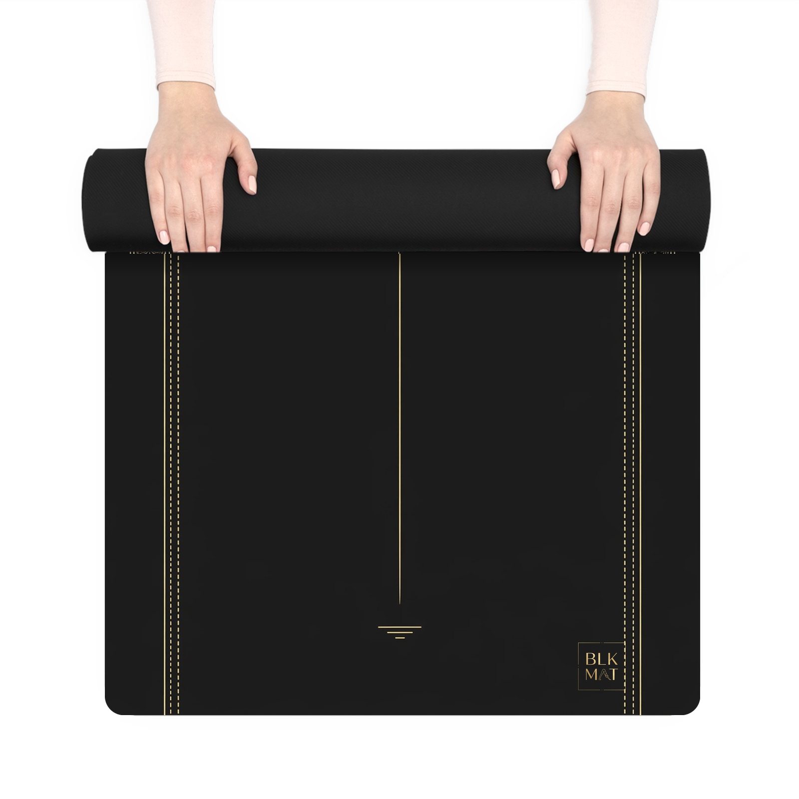 BLKMAT Channel Silhouette yoga mat, held up and partly rolled