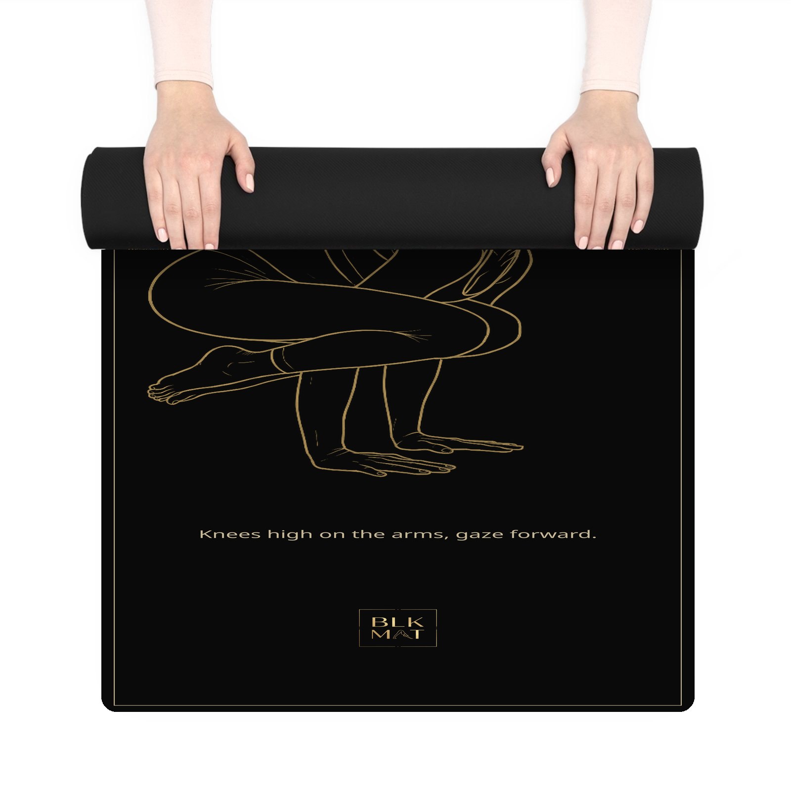 BLKMAT Crow Pose yoga mat, held up and partly rolled