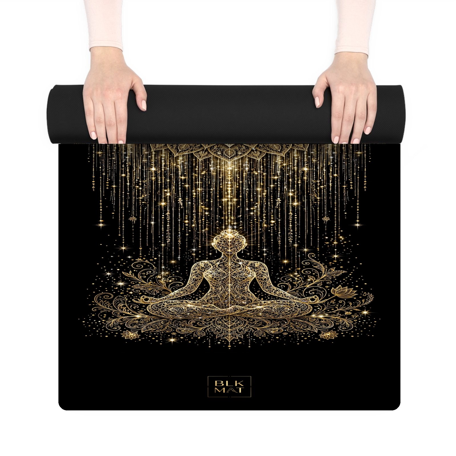 BLKMAT Crown Lotus Descending Light yoga mat, held up and partly rolled
