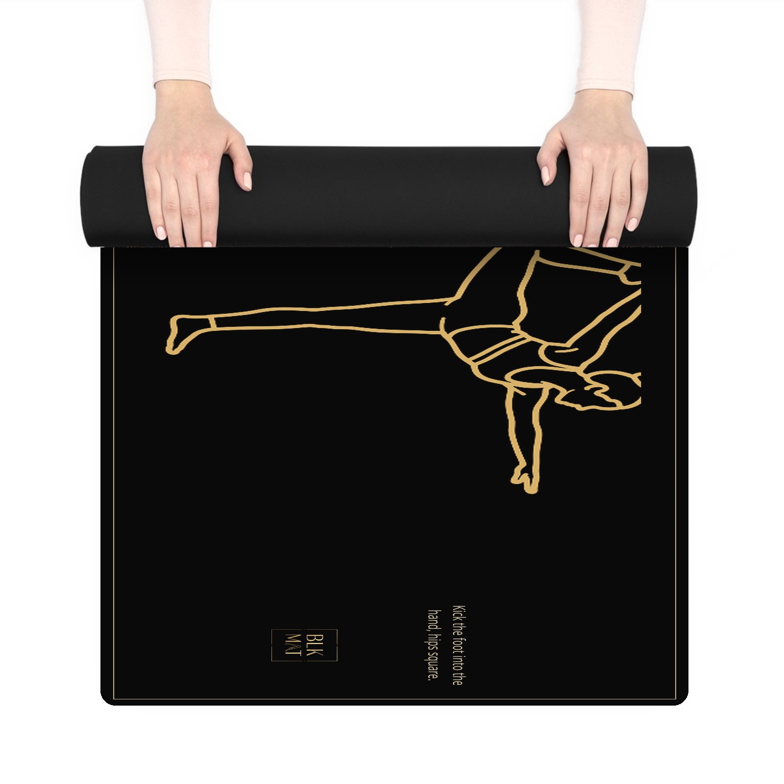 BLKMAT Dancer’s Pose yoga mat, held up and partly rolled
