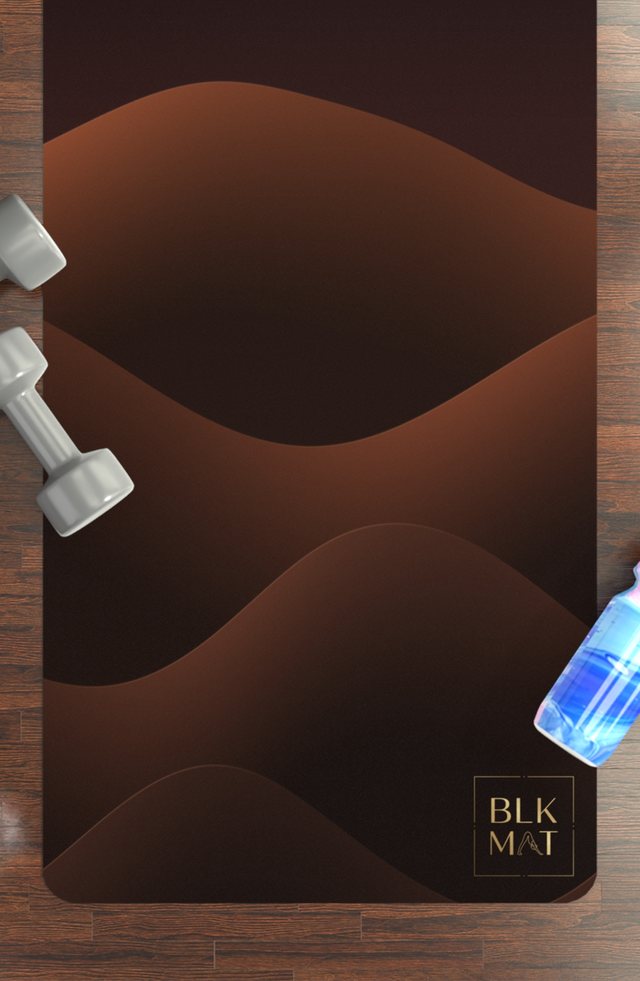 BLKMAT Desert Dune Dusk yoga mat, flat lay on a wood floor