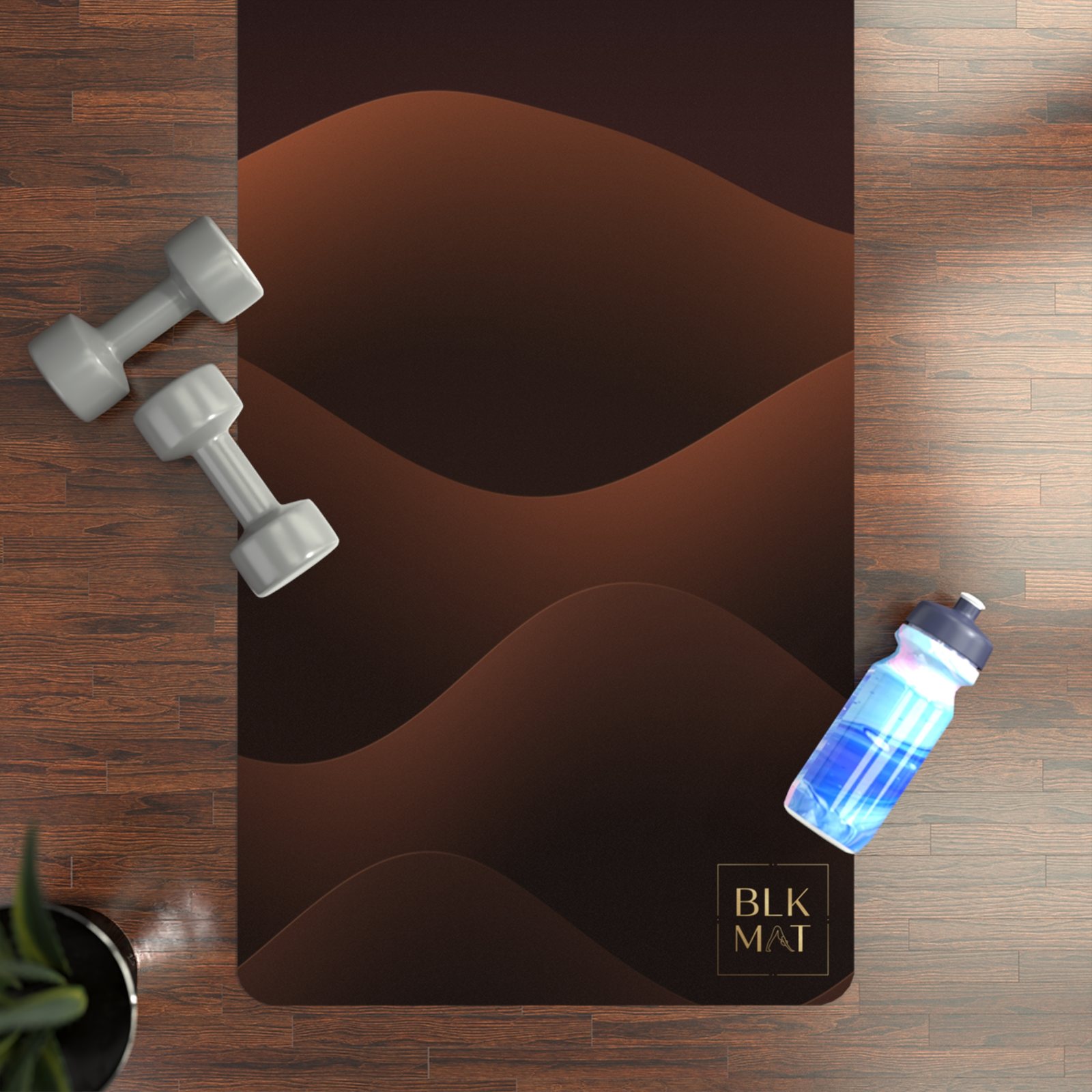 BLKMAT Desert Dune Dusk yoga mat, flat lay on a wood floor