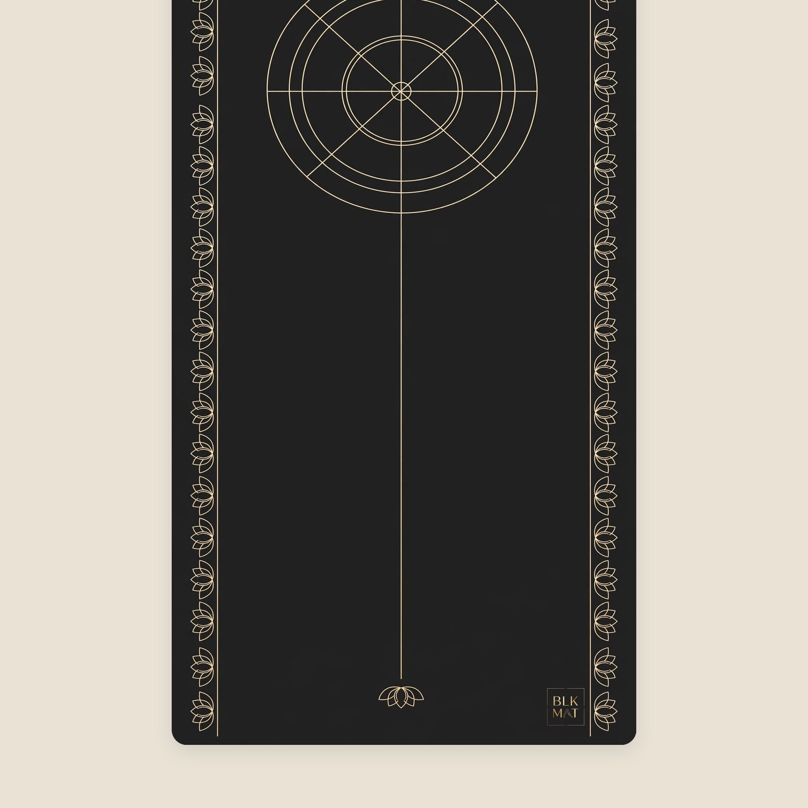 BLKMAT Dharma Wheel yoga mat, flat lay, top-down view
