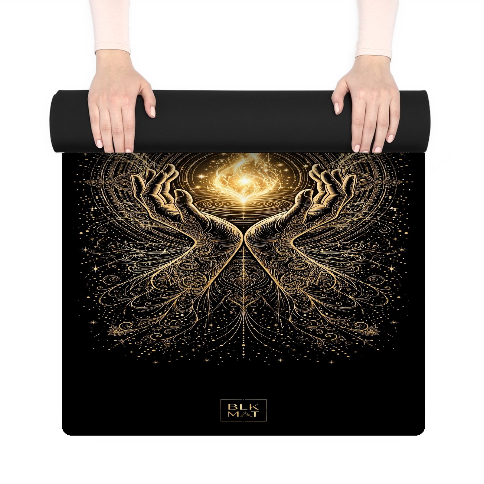 BLKMAT Dhyana Mudra yoga mat, held up and partly rolled