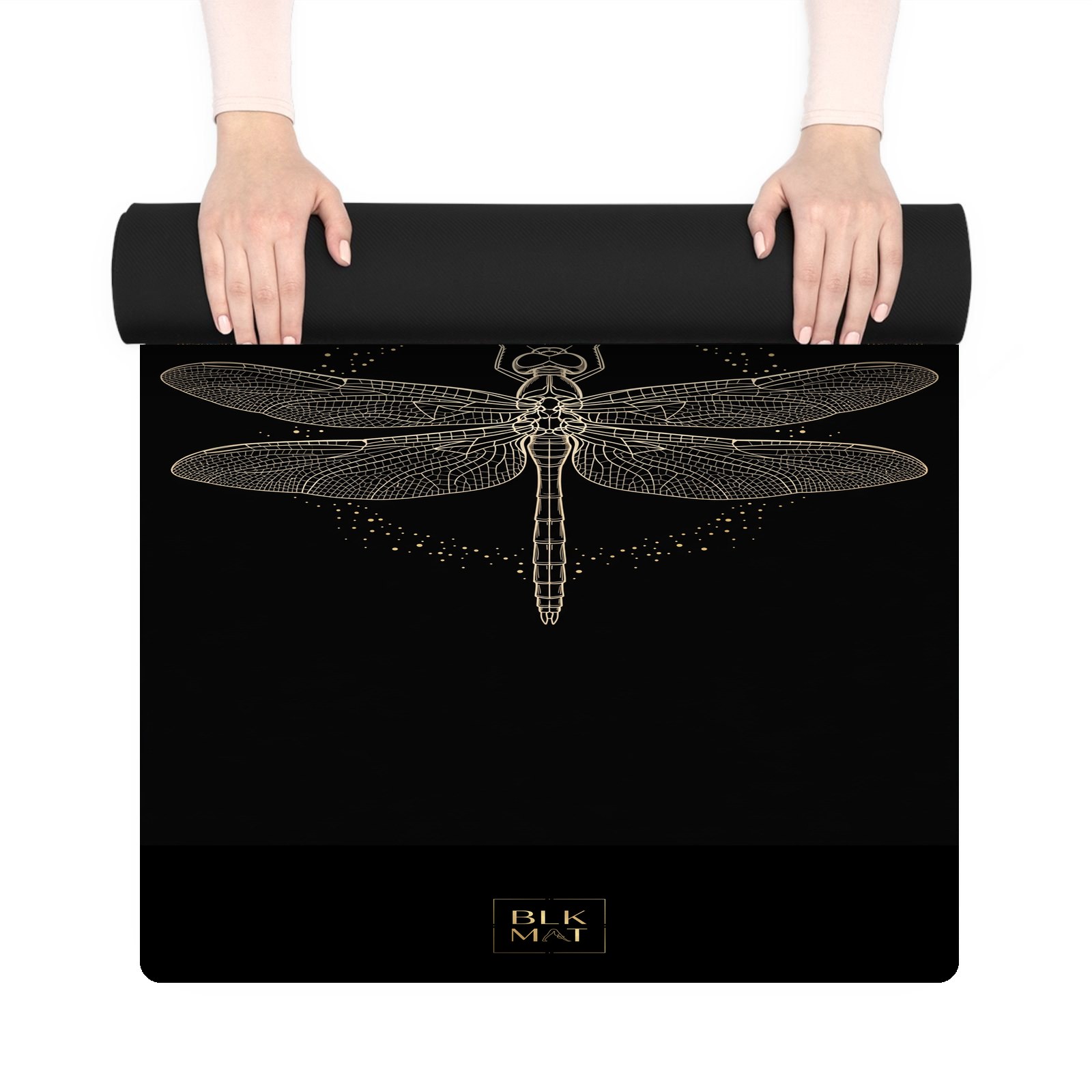 BLKMAT Dragonfly Wing Lattice yoga mat, held up and partly rolled