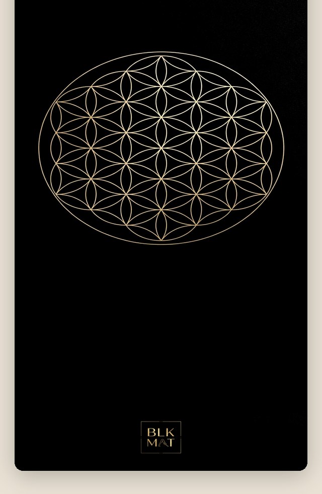 BLKMAT Flower of Life yoga mat, flat lay, top-down view