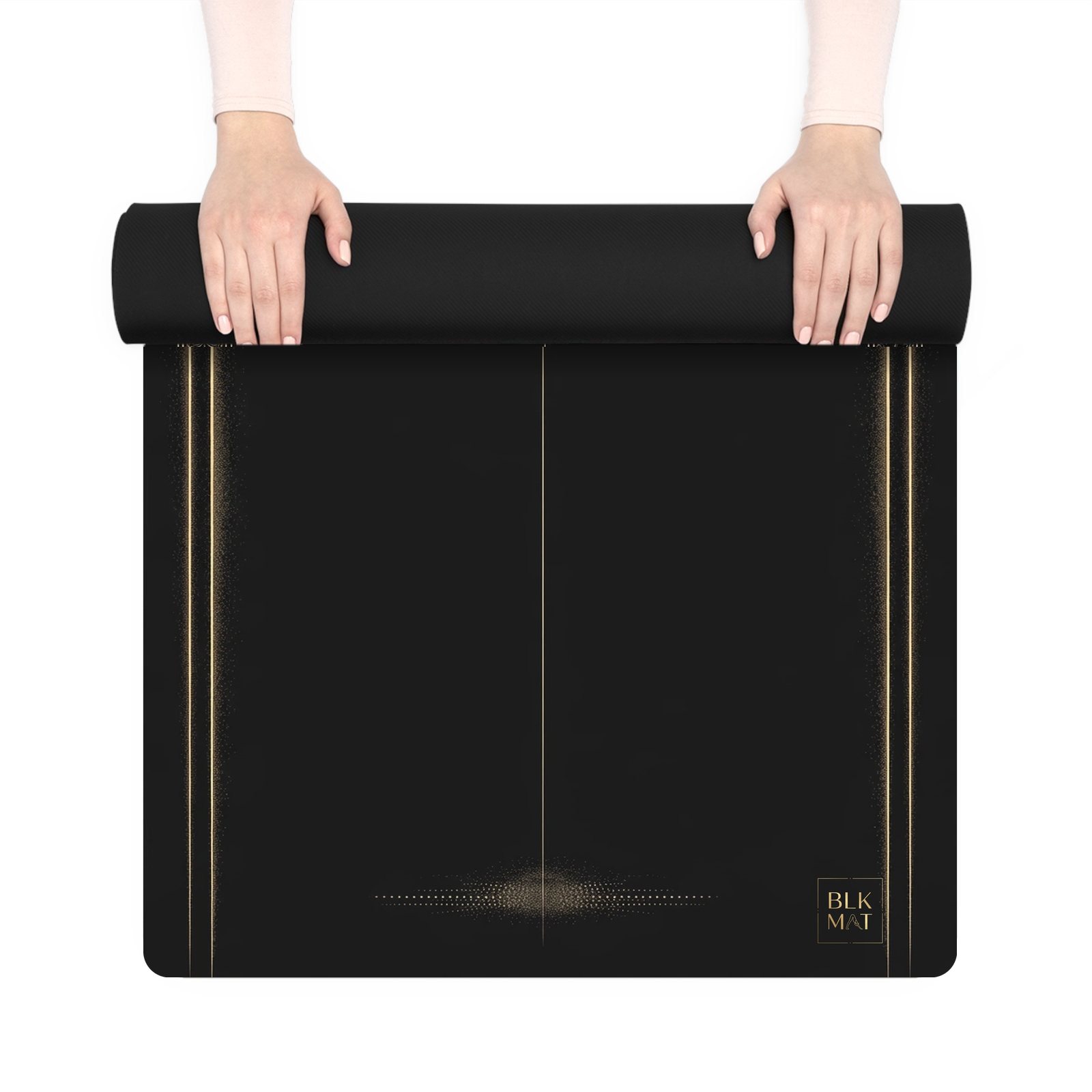 BLKMAT Fog Band yoga mat, held up and partly rolled
