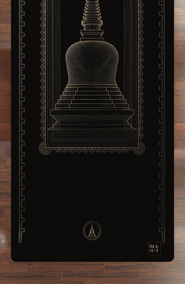 BLKMAT Golden Stupa yoga mat, flat lay, top-down view