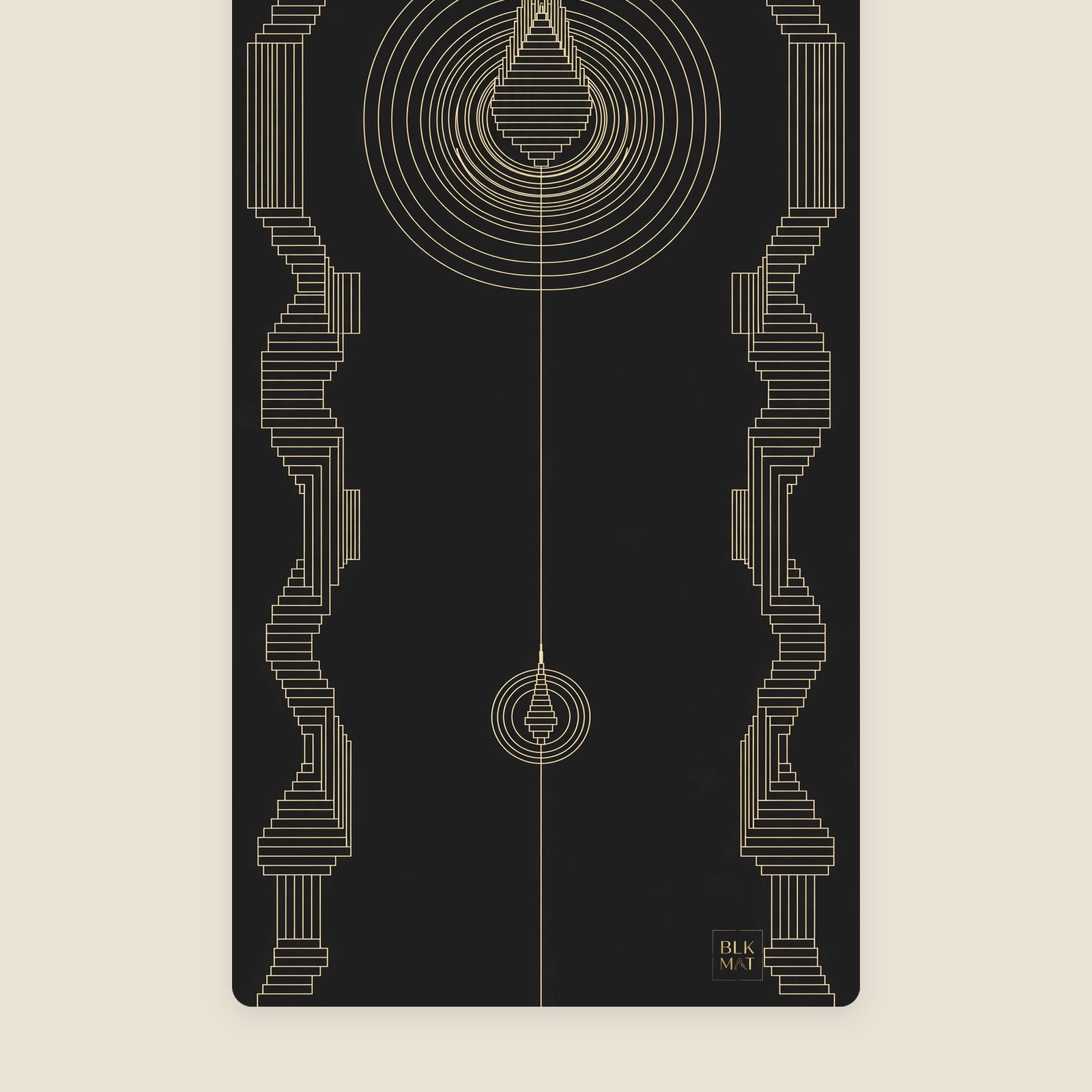 BLKMAT Golden Stupa yoga mat, flat lay, top-down view