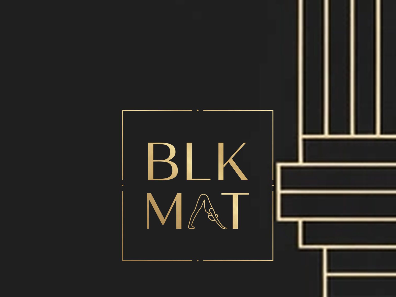 BLKMAT Golden Stupa yoga mat, close-up of the BLKMAT corner logo