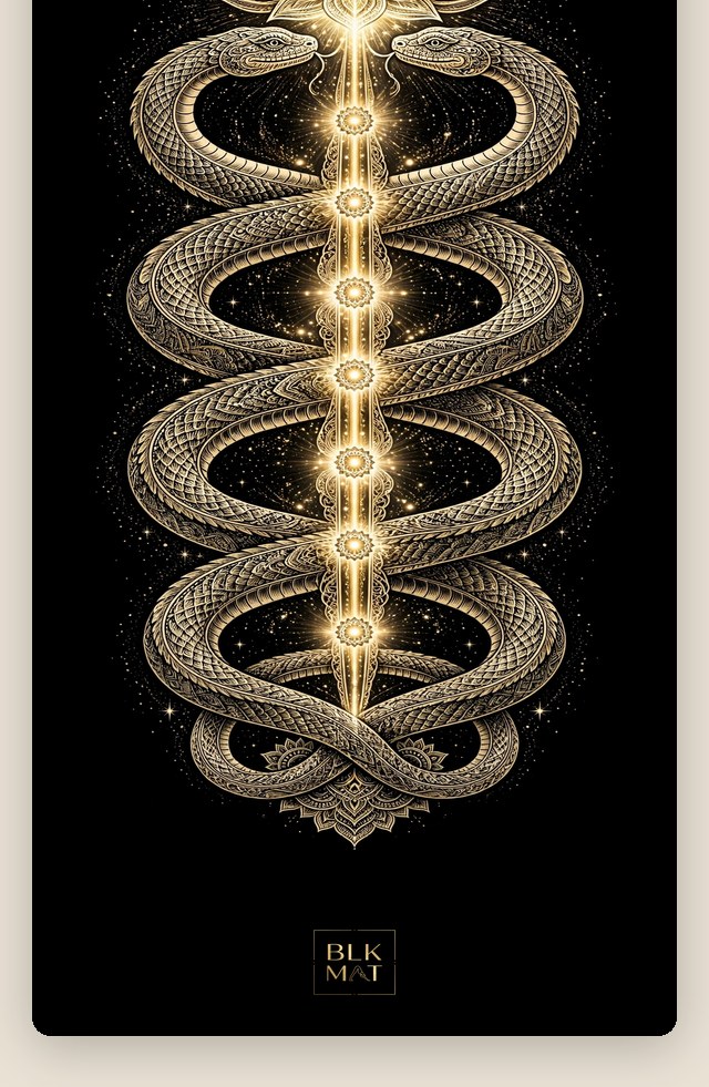 BLKMAT Ida Pingala Twin Serpents yoga mat, flat lay, top-down view