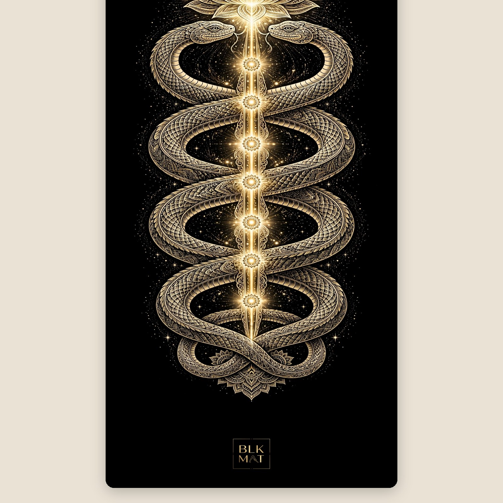 BLKMAT Ida Pingala Twin Serpents yoga mat, flat lay, top-down view