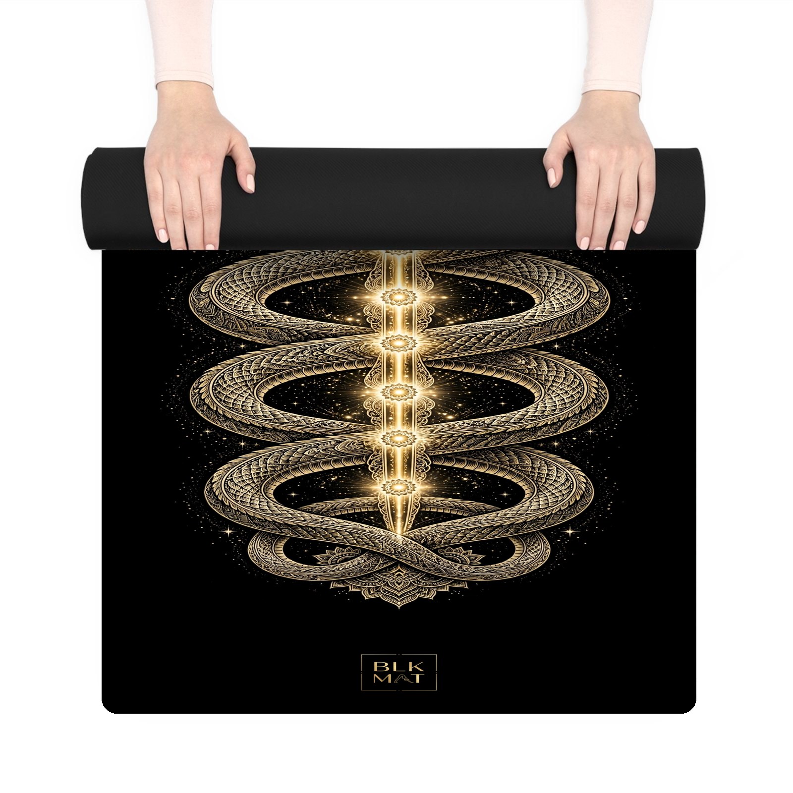 BLKMAT Ida Pingala Twin Serpents yoga mat, held up and partly rolled