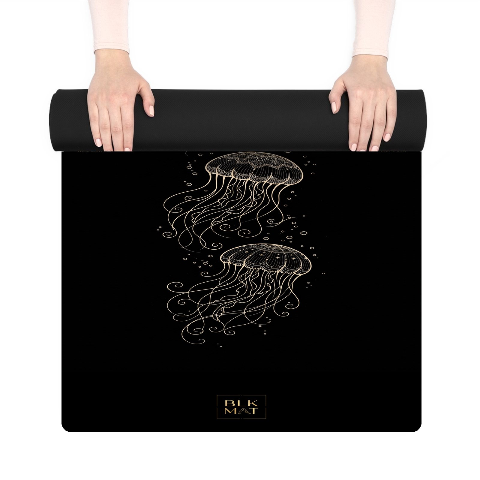 BLKMAT Jellyfish Drift yoga mat, held up and partly rolled