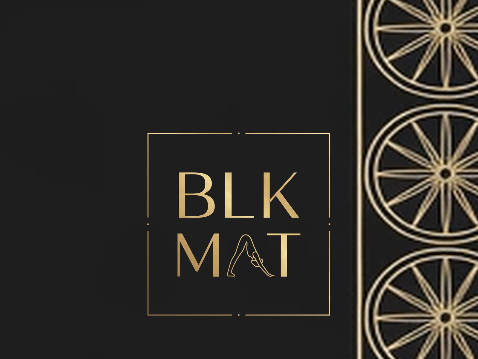 BLKMAT Kalachakra Star yoga mat, close-up of the BLKMAT corner logo