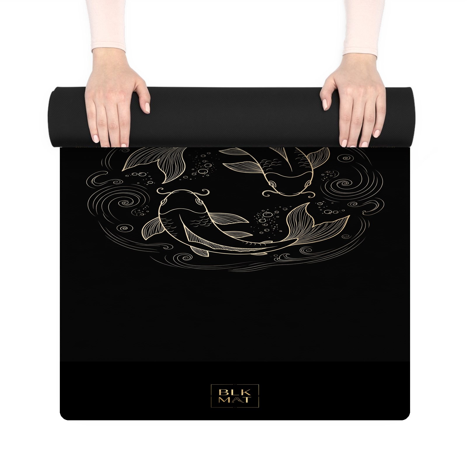 BLKMAT Koi Twin Currents yoga mat, held up and partly rolled