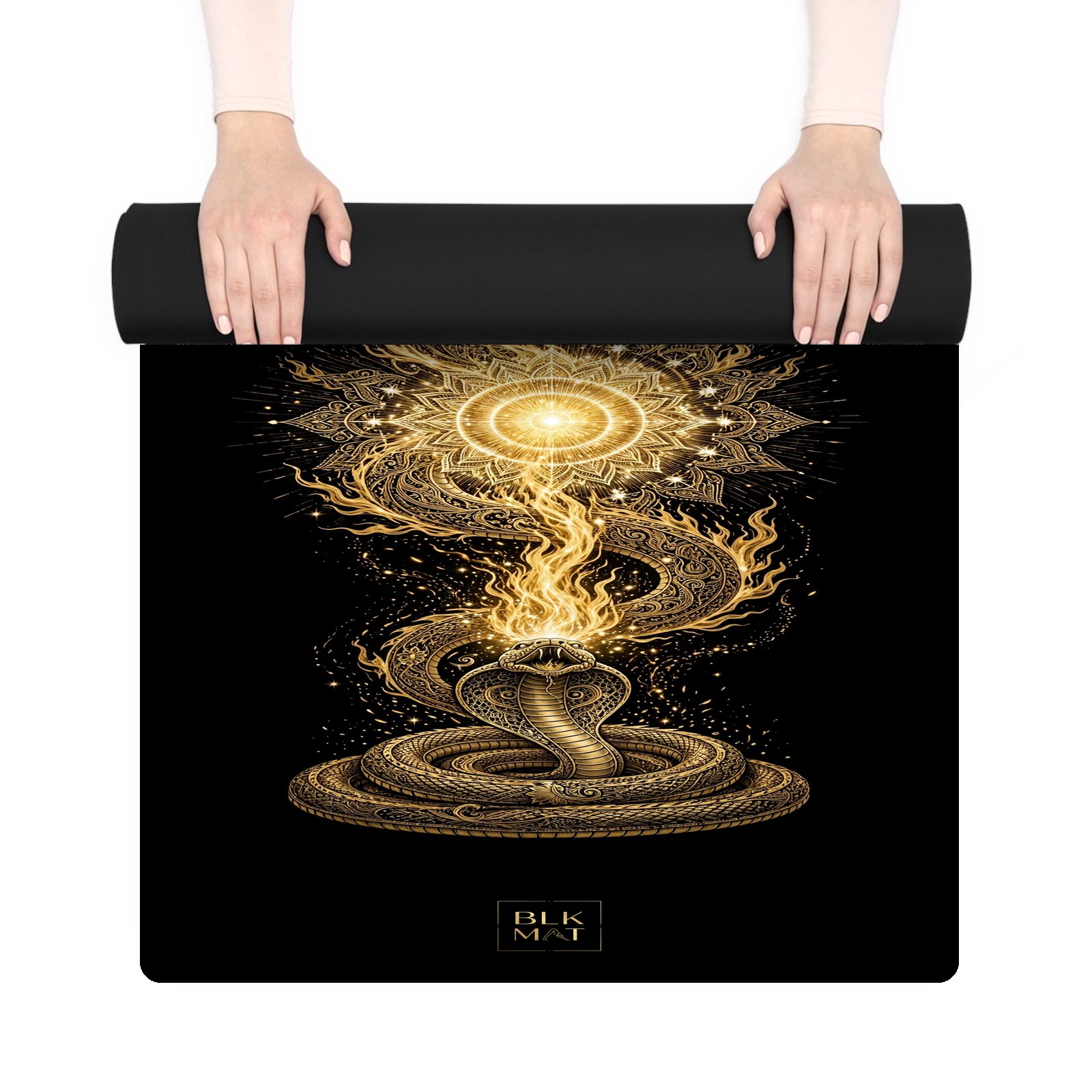 BLKMAT Kundalini Flame Awakening yoga mat, held up and partly rolled