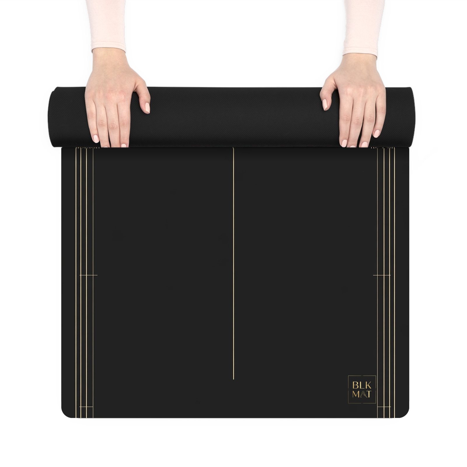 BLKMAT Lotus Gate yoga mat, held up and partly rolled