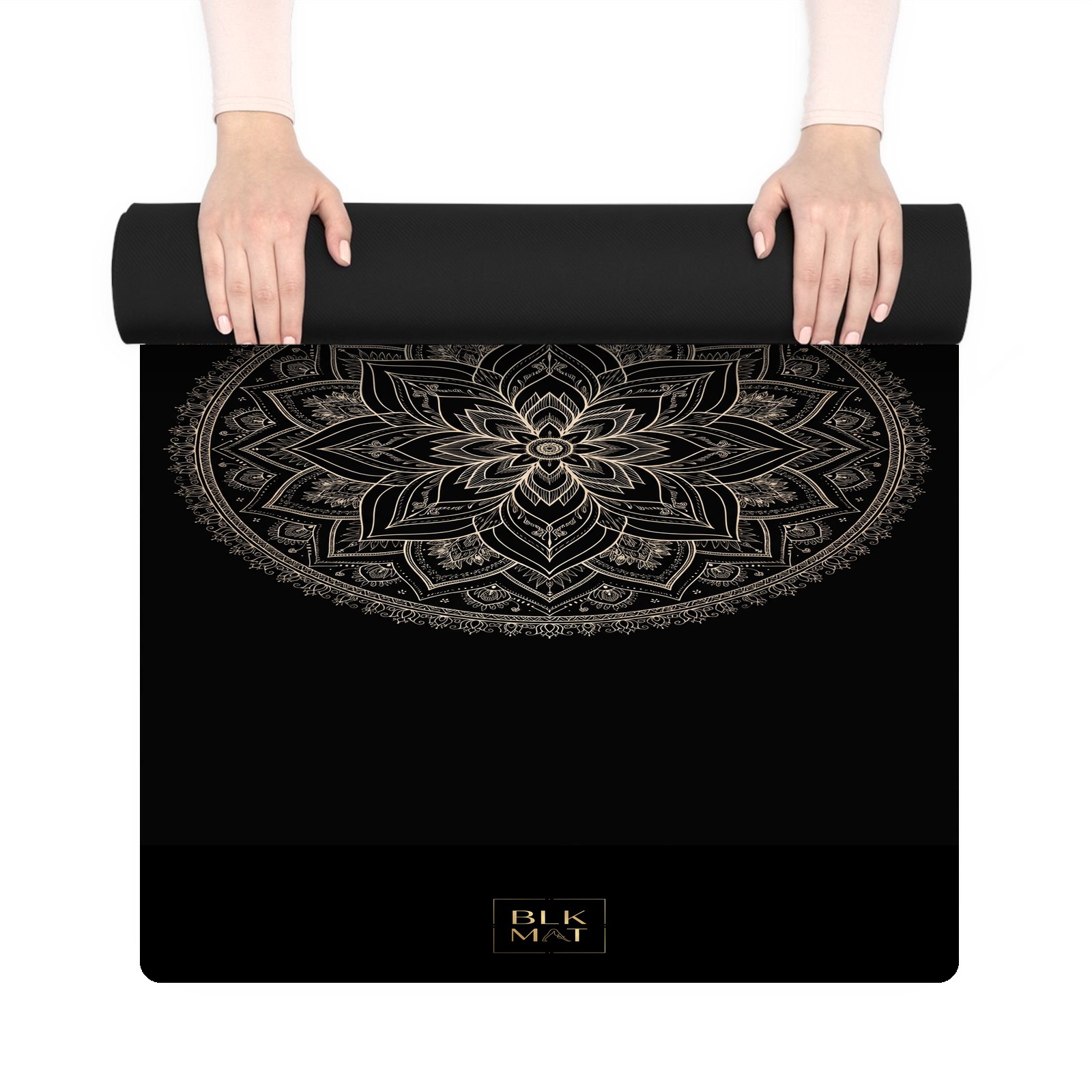 BLKMAT Lotus Mandala Bloom yoga mat, held up and partly rolled