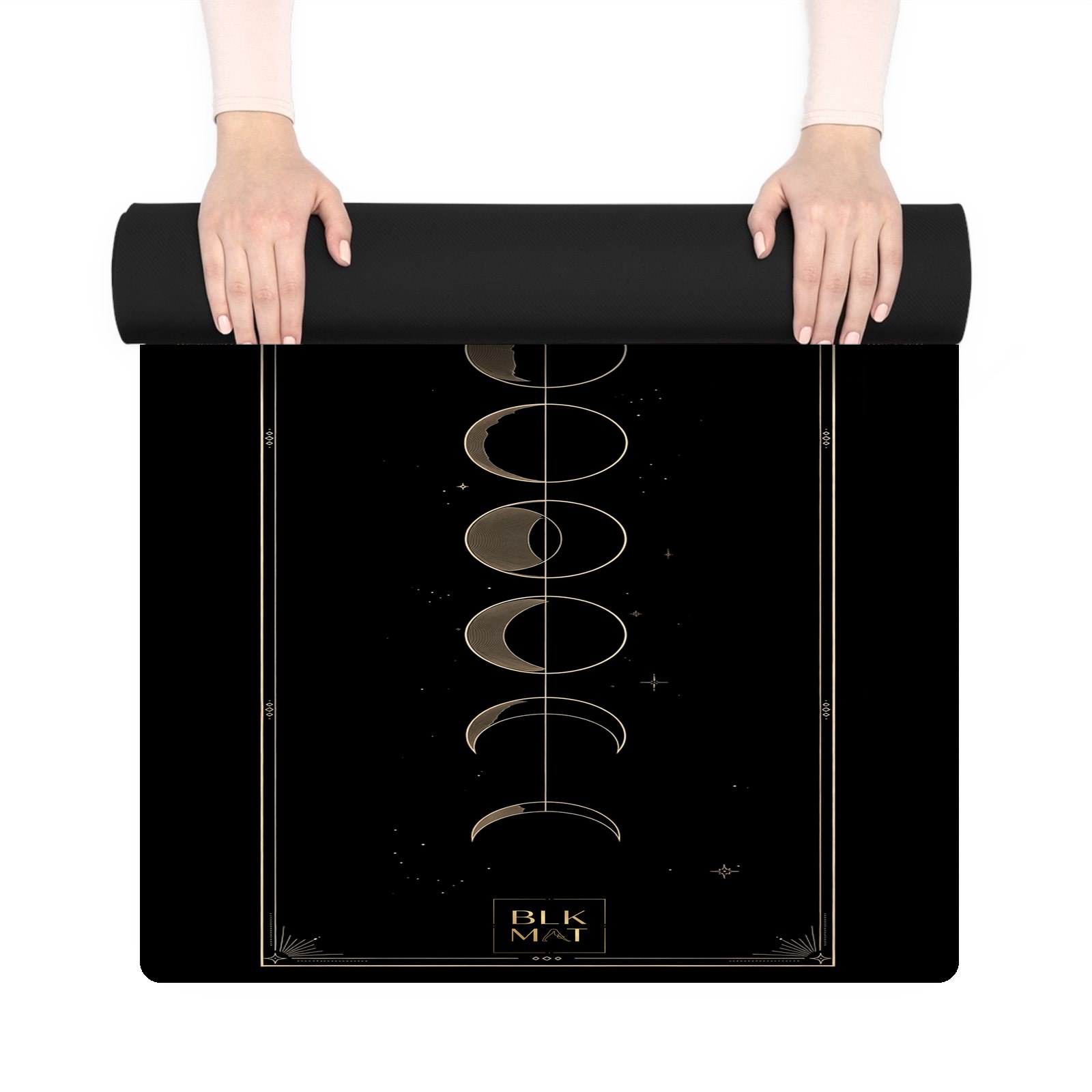 BLKMAT Lunar Eclipse Column yoga mat, held up and partly rolled