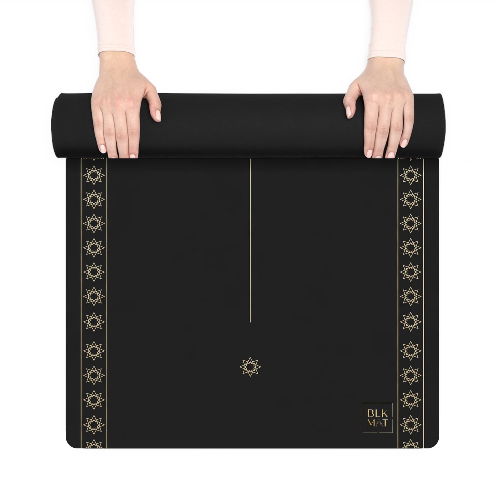 BLKMAT Marine Layer yoga mat, held up and partly rolled