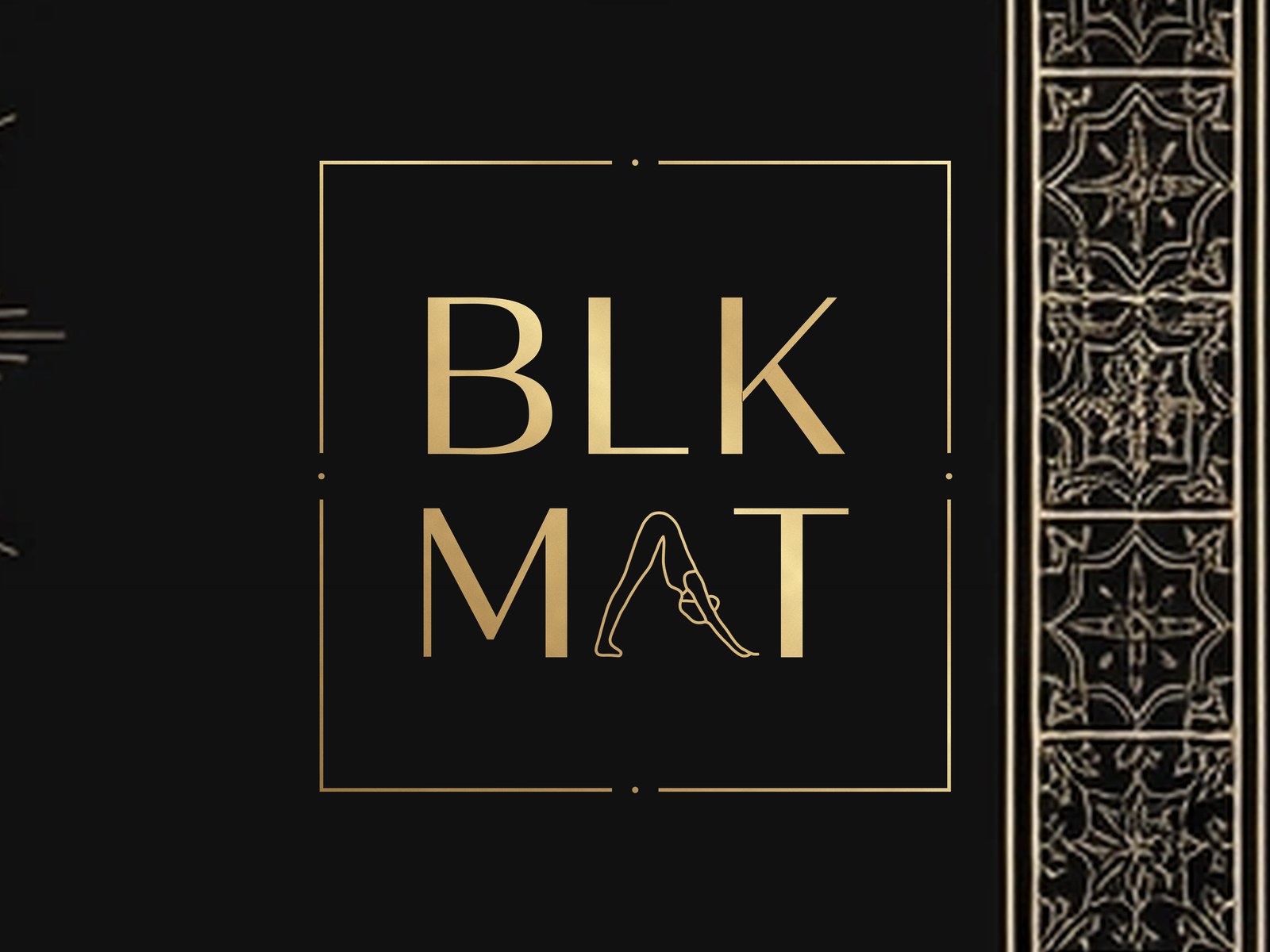 BLKMAT Mission Tile yoga mat, close-up of the BLKMAT corner logo