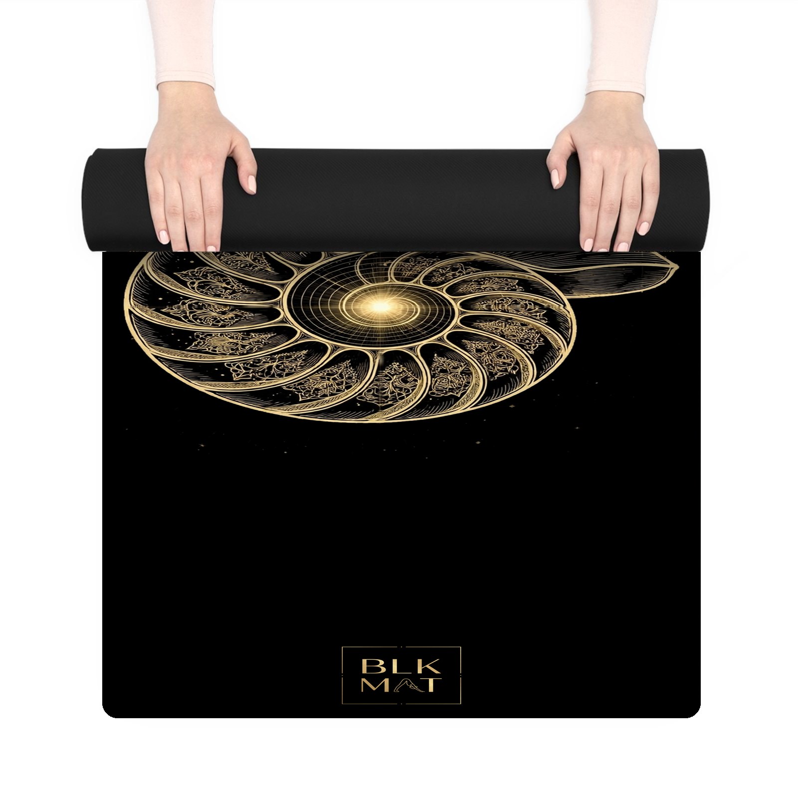 BLKMAT Nautilus Golden Ratio yoga mat, held up and partly rolled