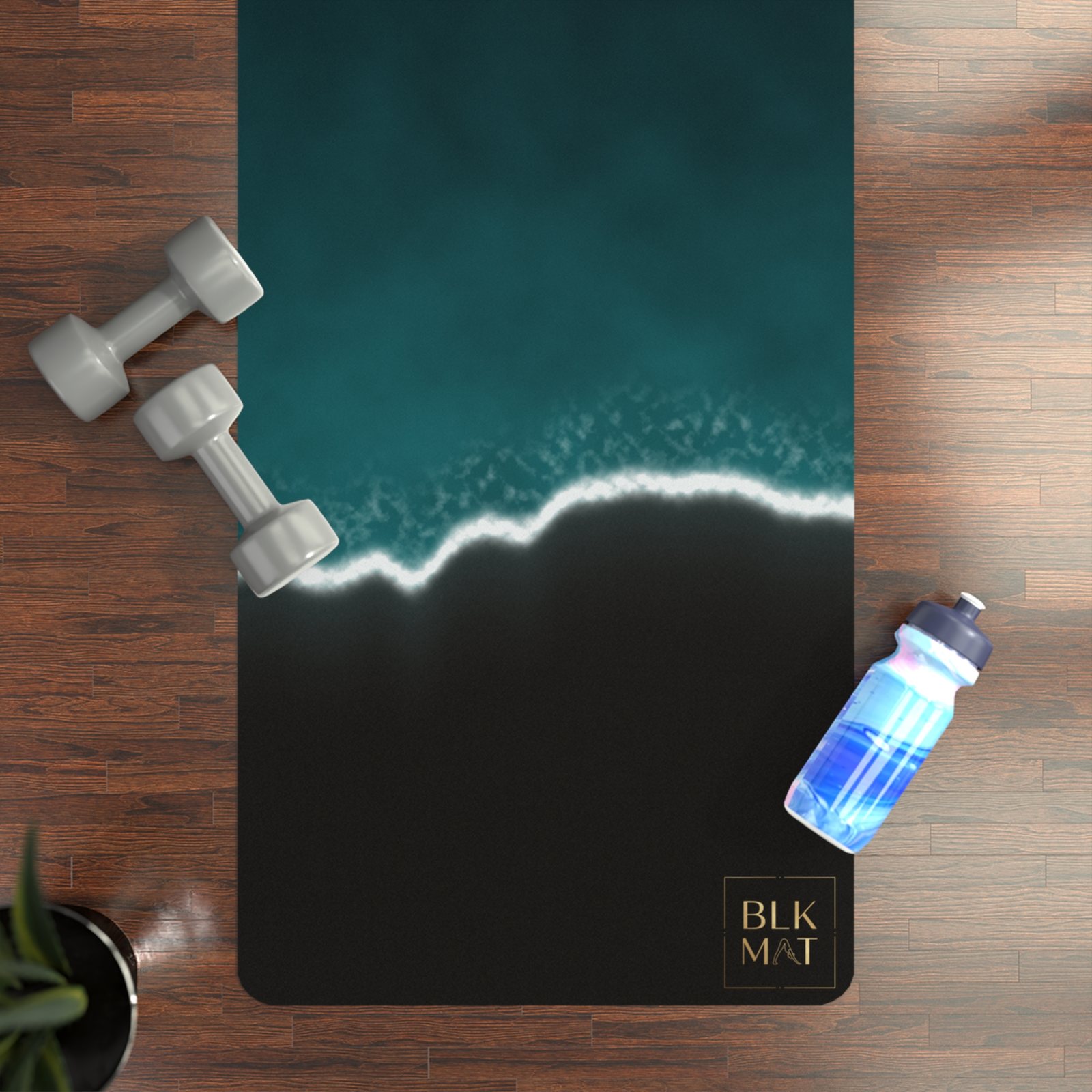 BLKMAT Ocean Tide yoga mat, flat lay on a wood floor