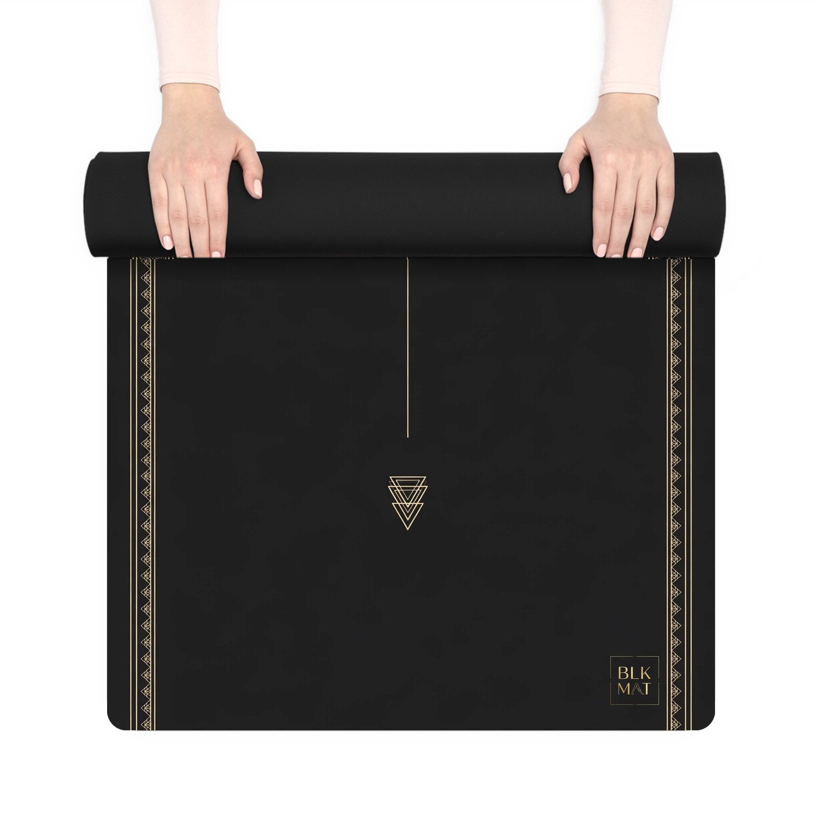 BLKMAT Prana Grid yoga mat, held up and partly rolled