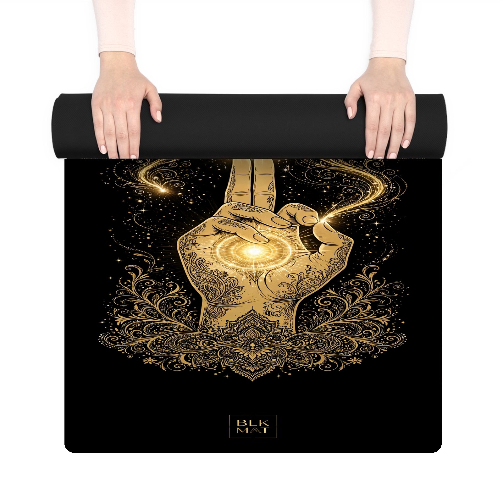 BLKMAT Prana Mudra yoga mat, held up and partly rolled