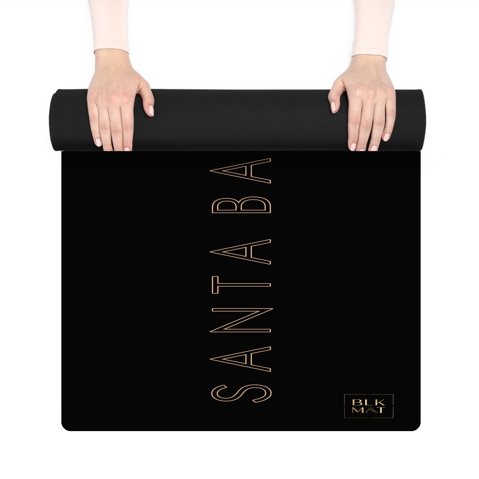 BLKMAT Santa Barbara Vertical yoga mat, held up and partly rolled