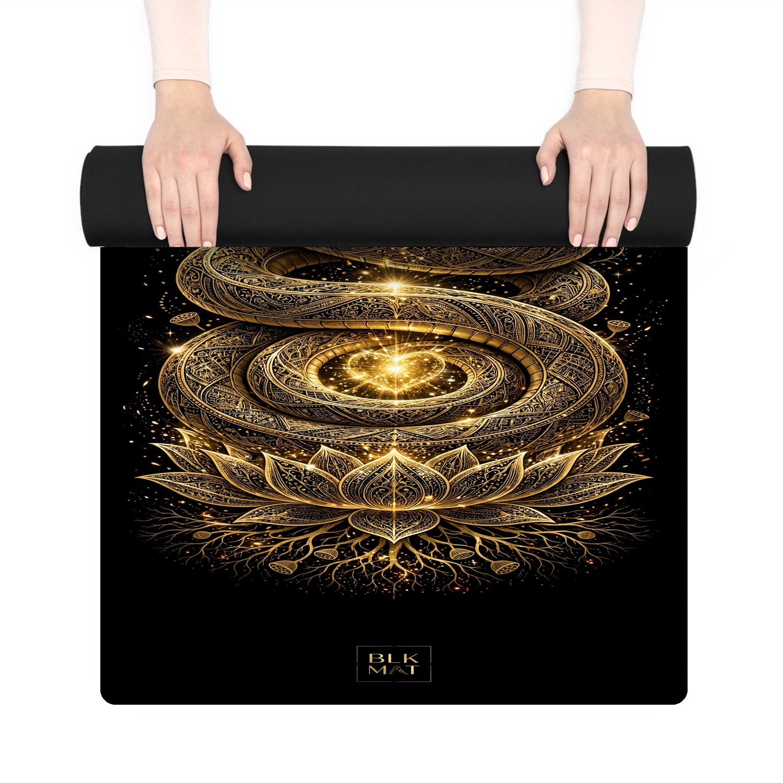 BLKMAT Serpent Asleep at Root yoga mat, held up and partly rolled