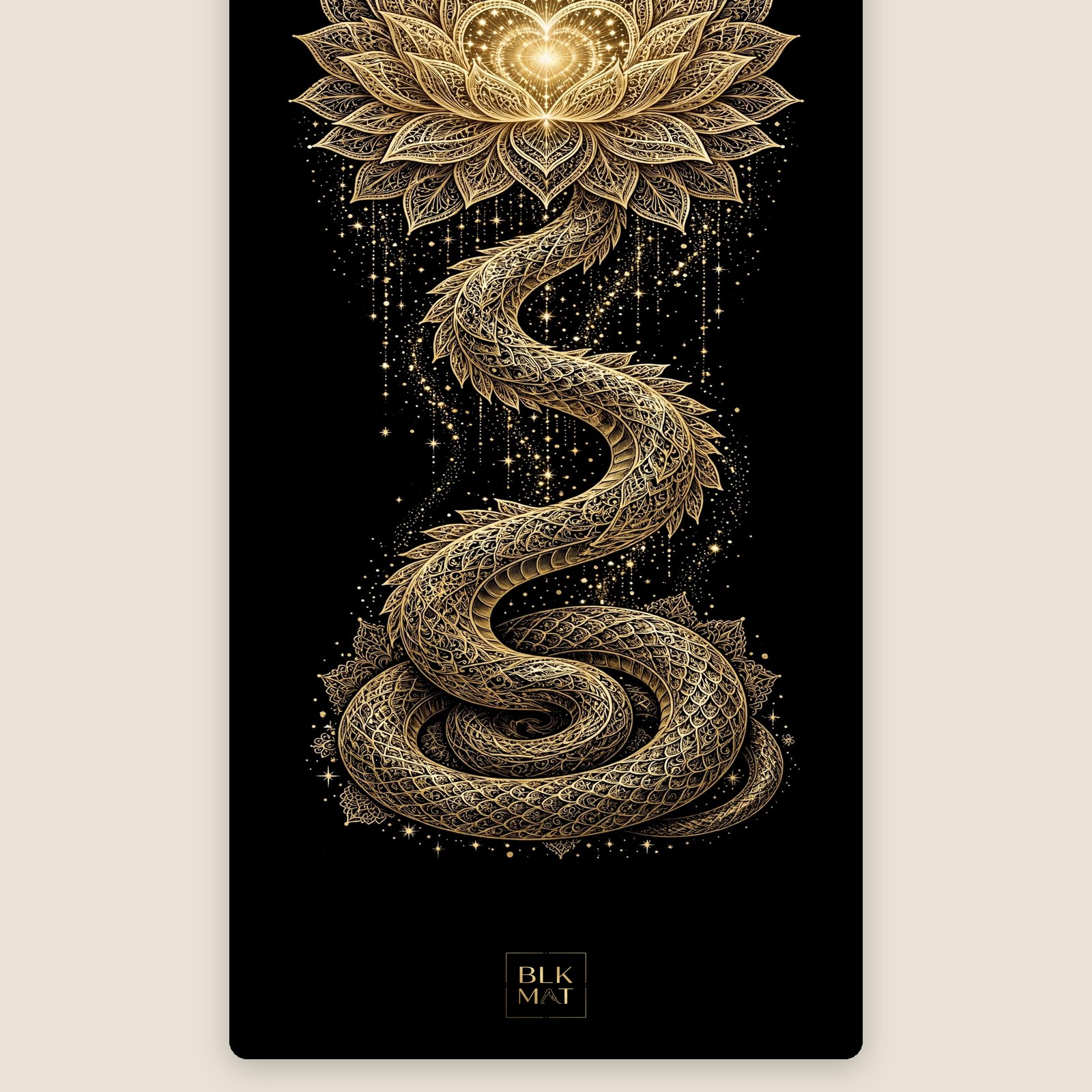 BLKMAT Serpent Lotus Crown yoga mat, flat lay, top-down view