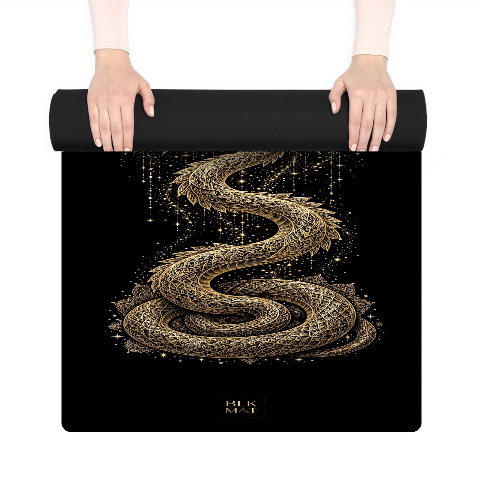 BLKMAT Serpent Lotus Crown yoga mat, held up and partly rolled