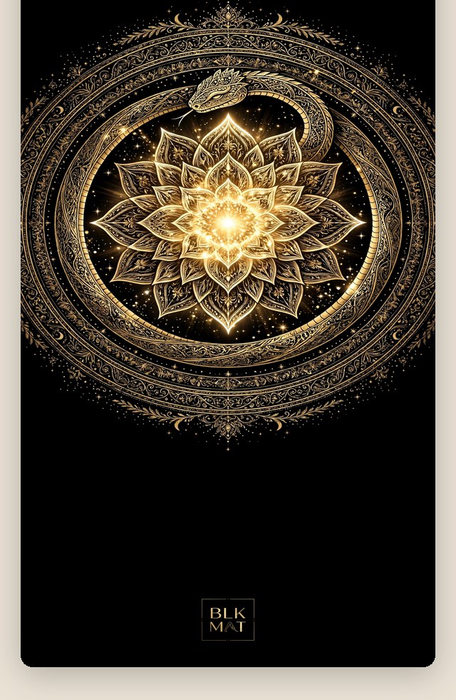 BLKMAT Serpent Lotus Emblem yoga mat, flat lay, top-down view