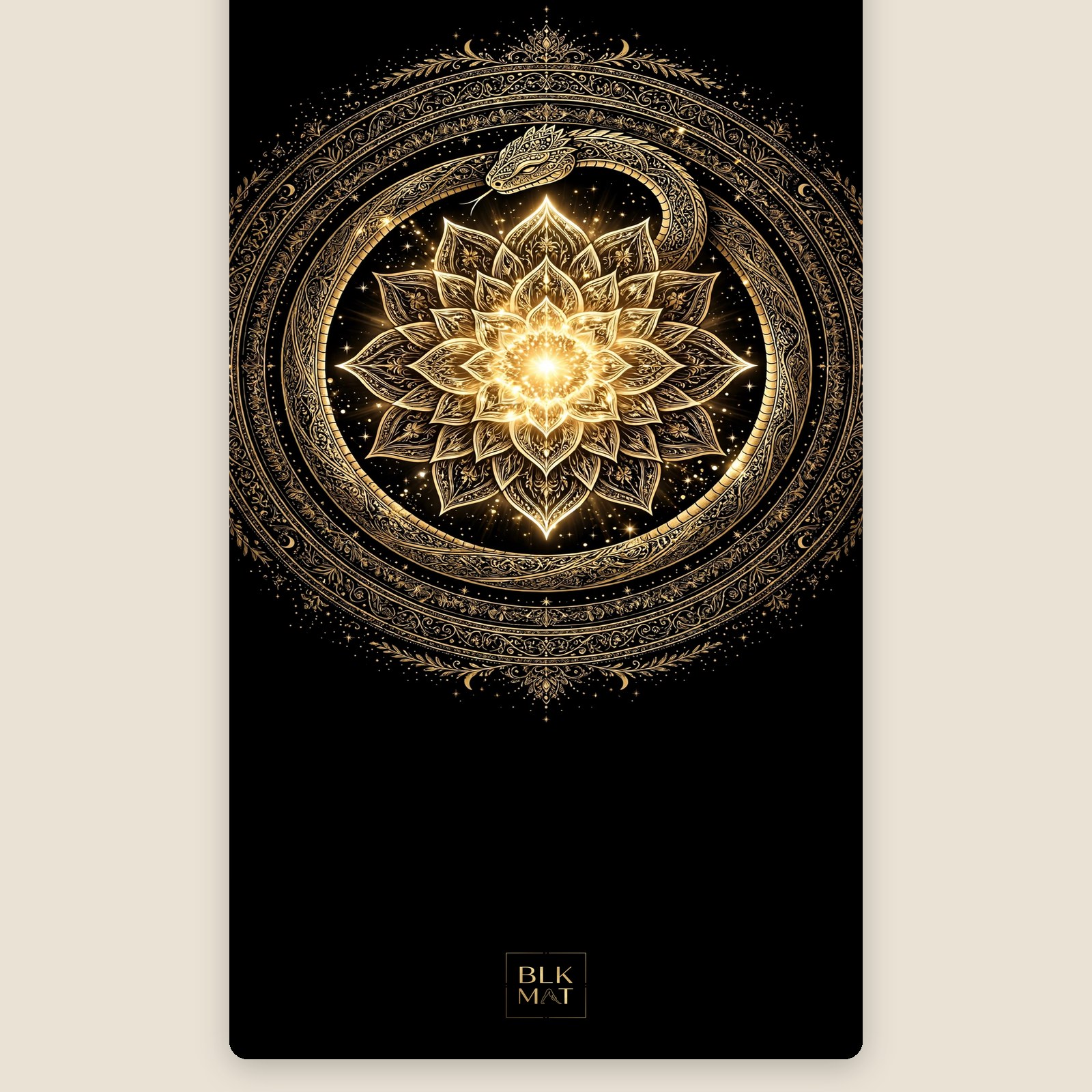BLKMAT Serpent Lotus Emblem yoga mat, flat lay, top-down view
