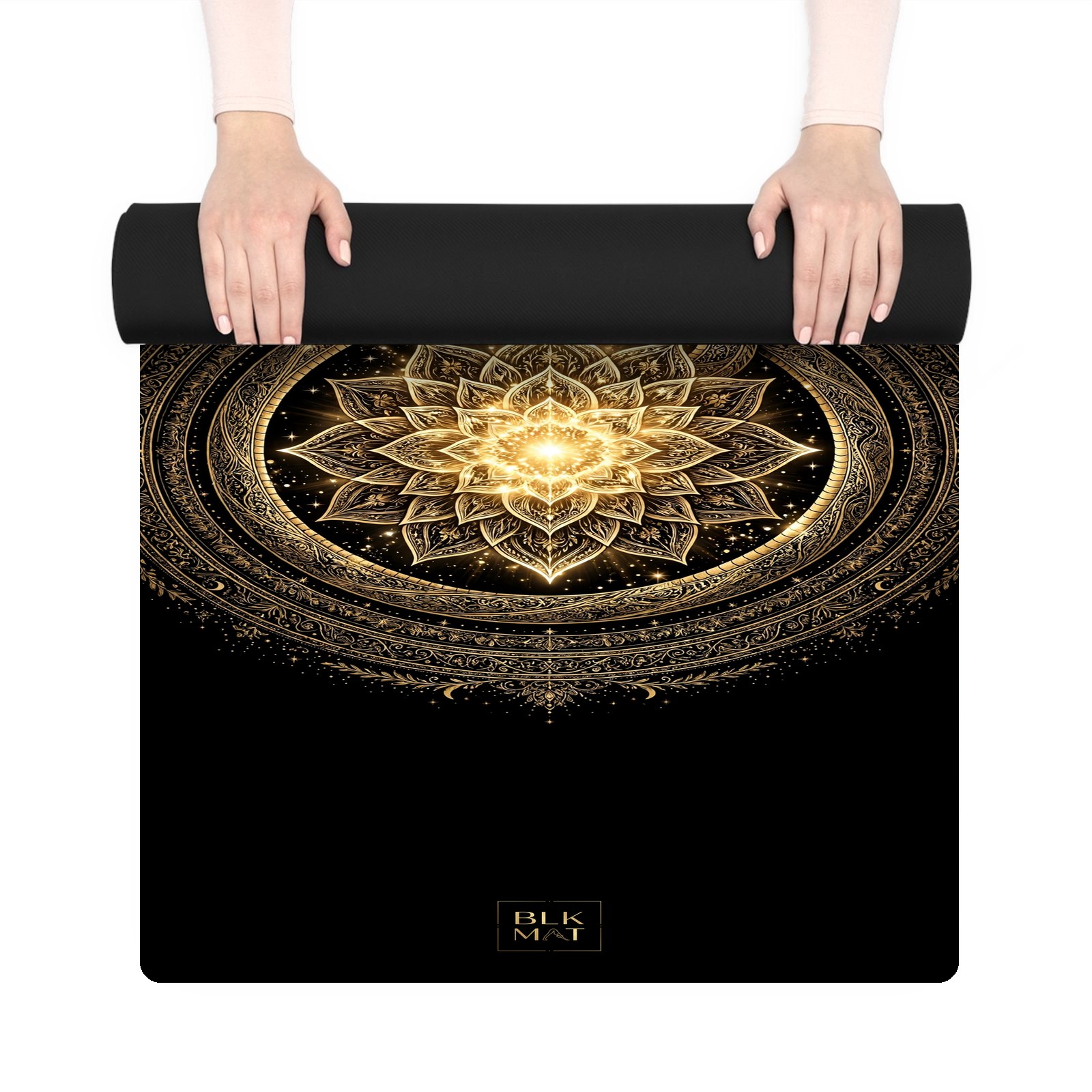BLKMAT Serpent Lotus Emblem yoga mat, held up and partly rolled