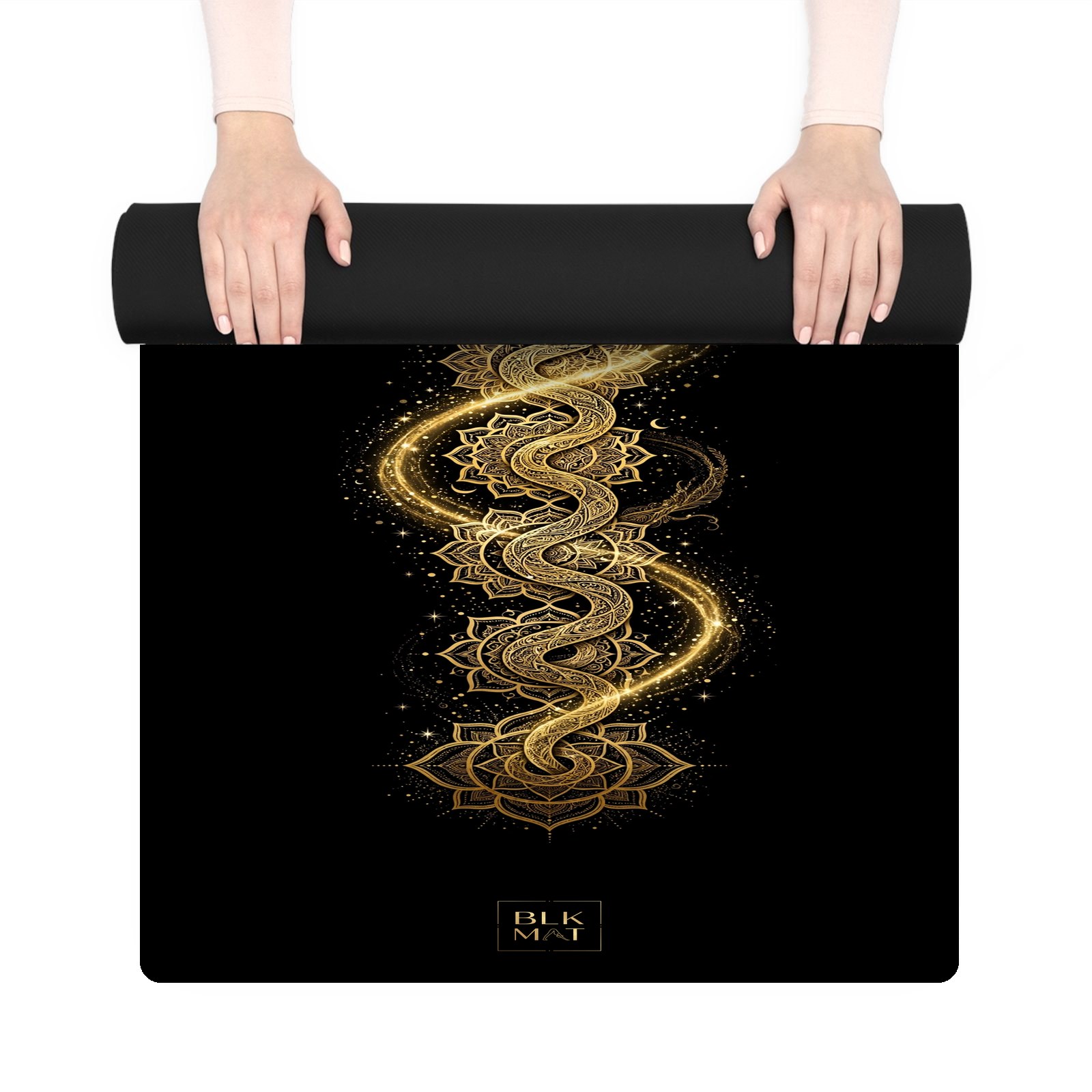 BLKMAT Serpent Rising yoga mat, held up and partly rolled