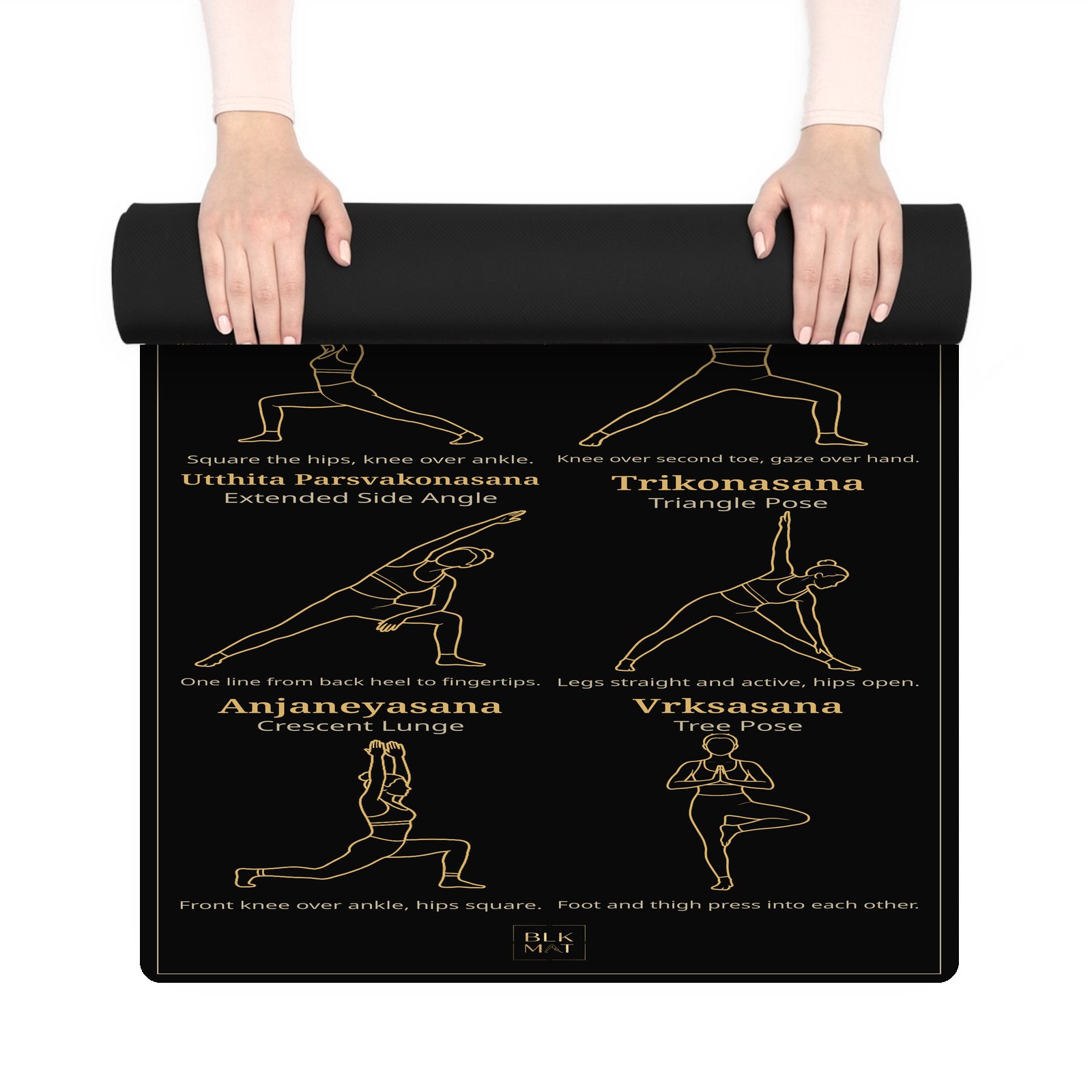 BLKMAT Standing Strength yoga mat, held up and partly rolled