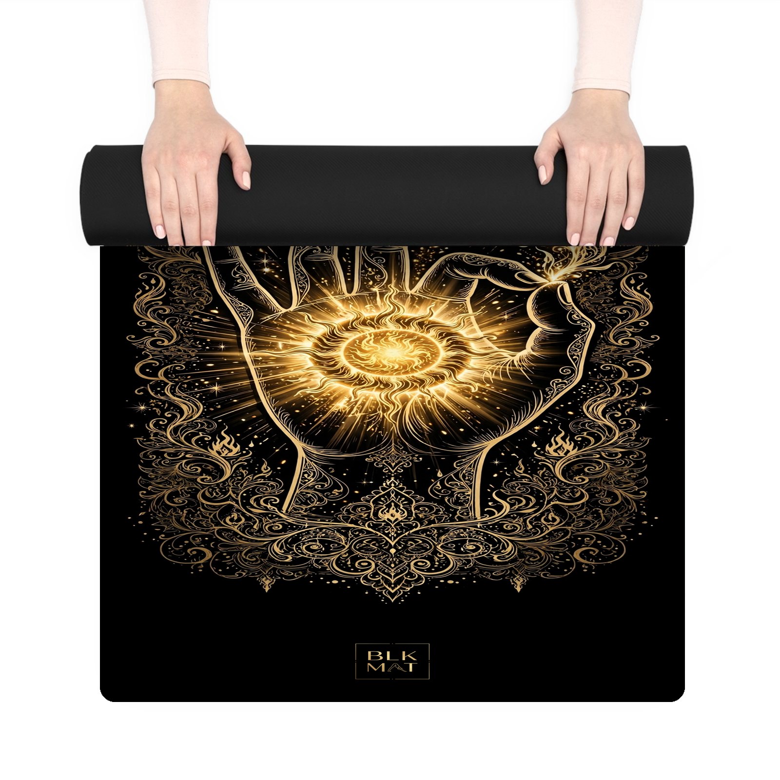 BLKMAT Surya Mudra yoga mat, held up and partly rolled
