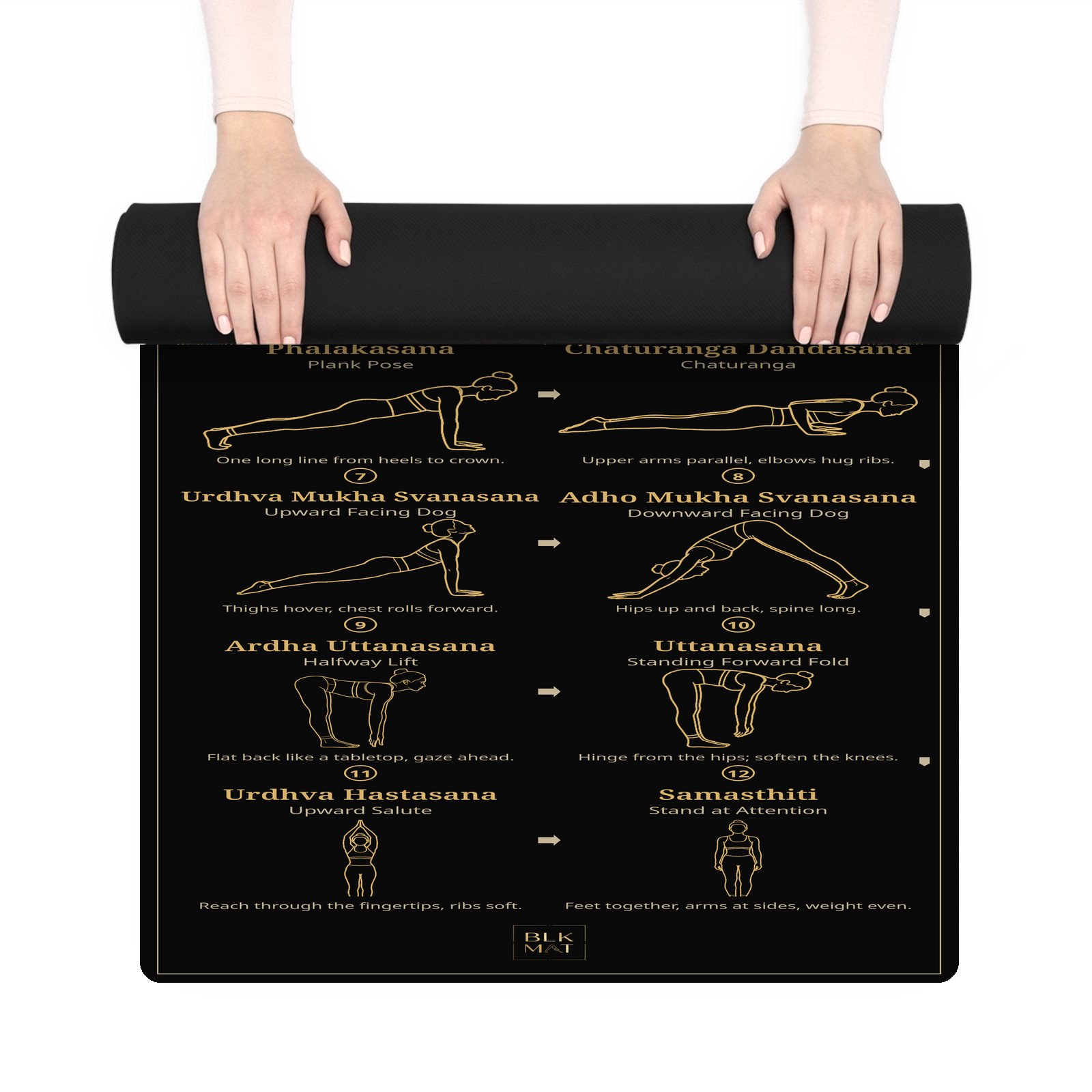 BLKMAT Surya Namaskar A Vinyasa yoga mat, held up and partly rolled