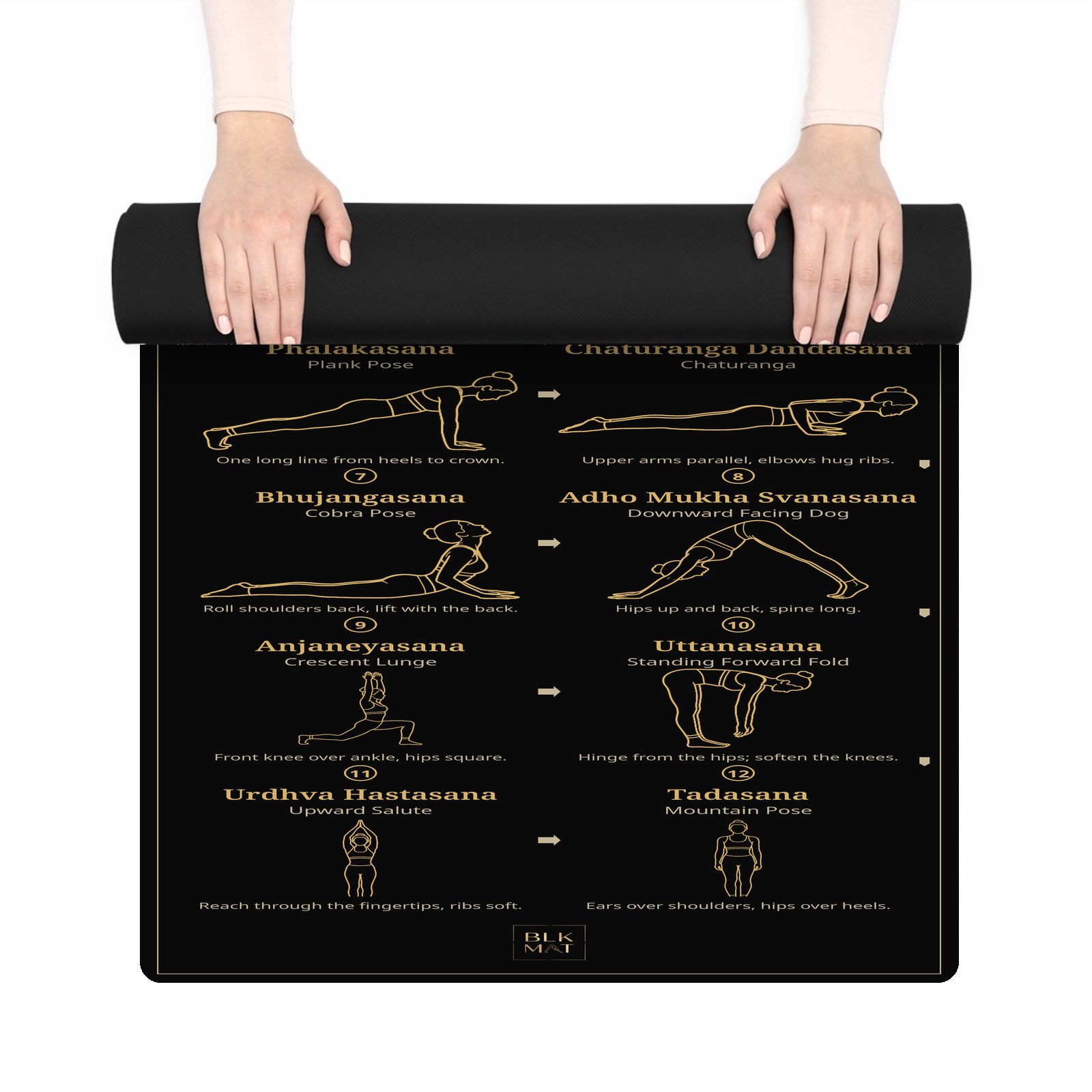 BLKMAT Surya Namaskar Classical yoga mat, held up and partly rolled